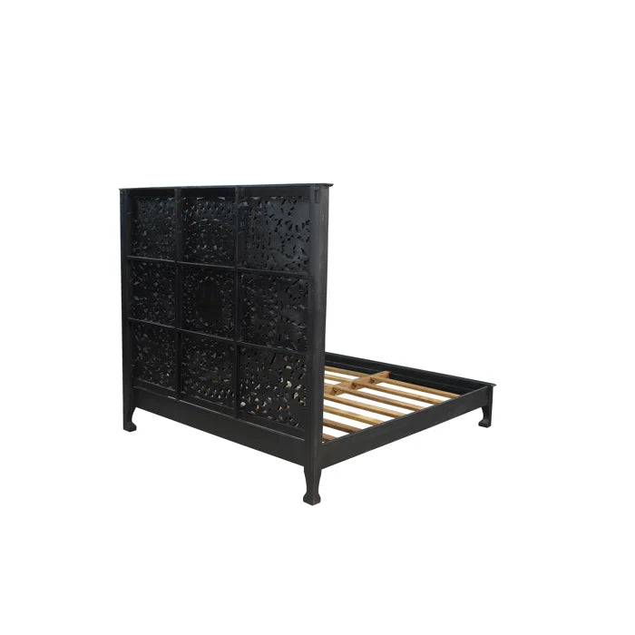 Hand Carved Solid Wood Low Profile Standard Bed Frame - Black | Modern Minimalist Bedroom Furniture for Small Spaces & Cozy Home Decor