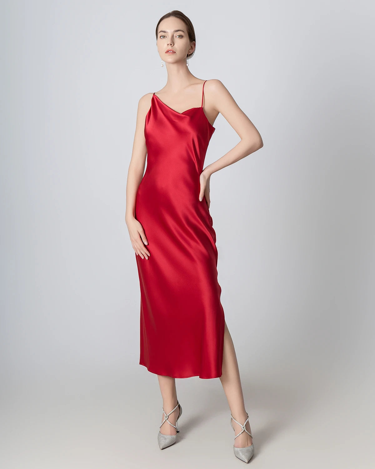 Elegant Slit Cowl Neck Midi Silk Dress for Women | Luxury Satin Evening Gown | Perfect for Cocktail Parties, Date Nights & Formal Events