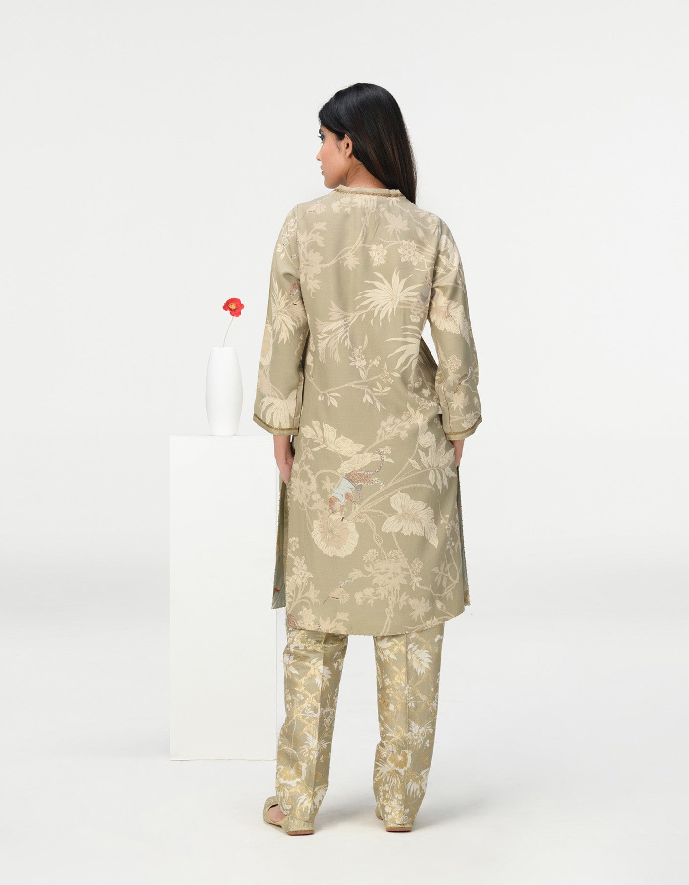 Roshan V Neck Kurta for Women - Premium Muga Satin Fabric in Oyster Grey - Elegant Indian Ethnic Wear for Festivals & Special Occasions