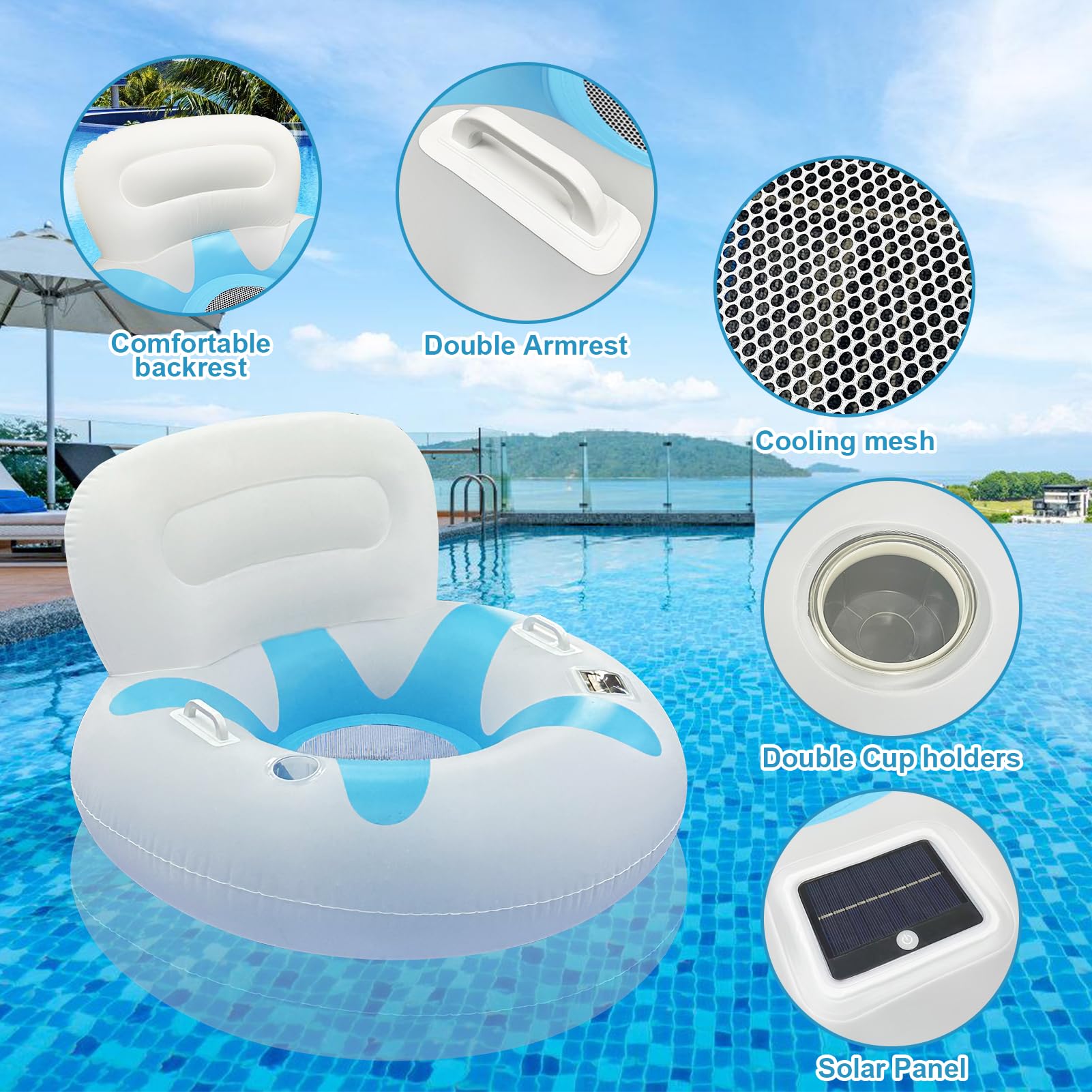 **Solar-Powered Inflatable Pool Float Chair with LED Lights - Heavy Duty Adult Pool Lounger with Large Backrest, Cup Holder & Handles | Perfect for Lake, Pool Parties & Summer Relaxation**