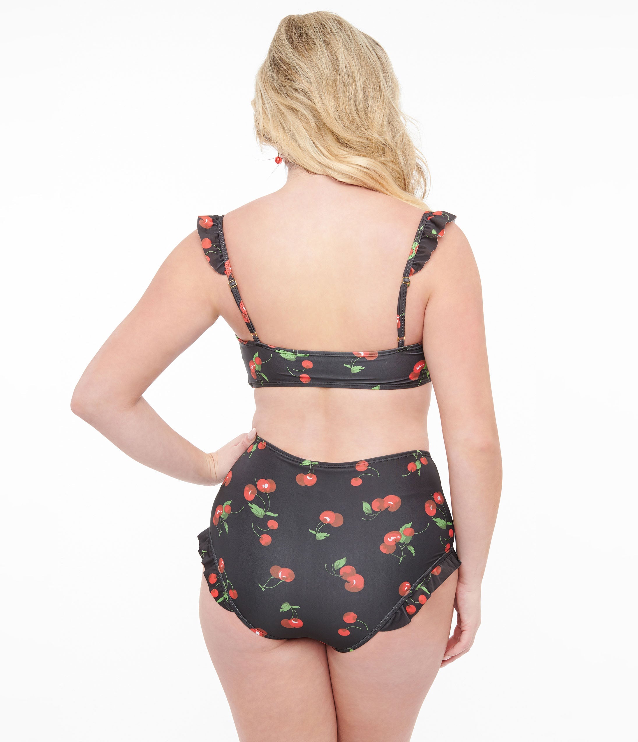 Black & Cherry Print Two Piece Swim Set - Stylish Bikini for Women, Summer Beach Vacation, Pool Party, and Tropical Getaways