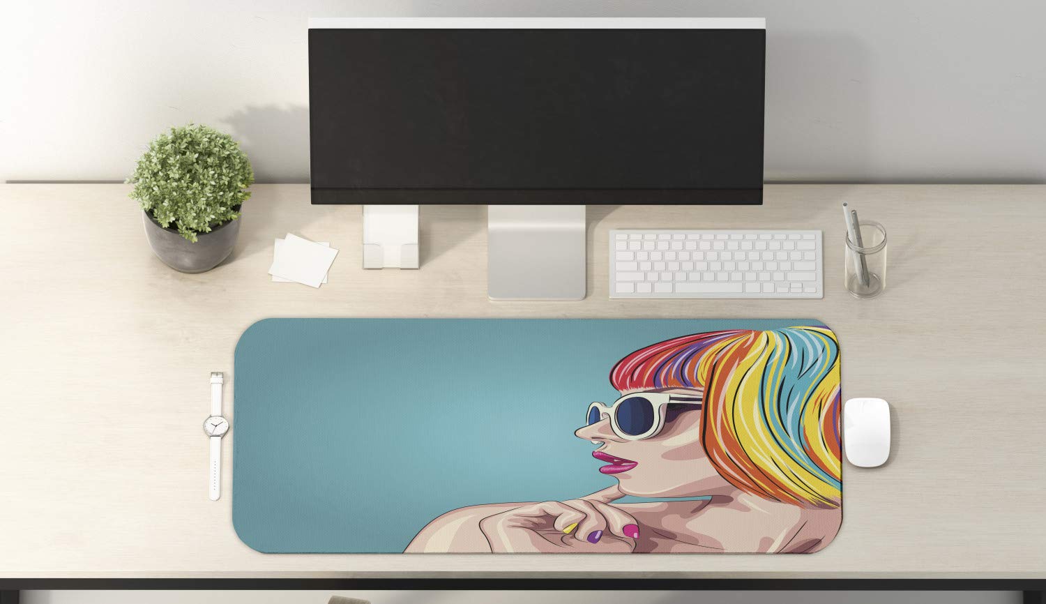 Ambesonne Retro Rainbow Wig & Sunglasses Non-Slip Gaming Mouse Pad - 31