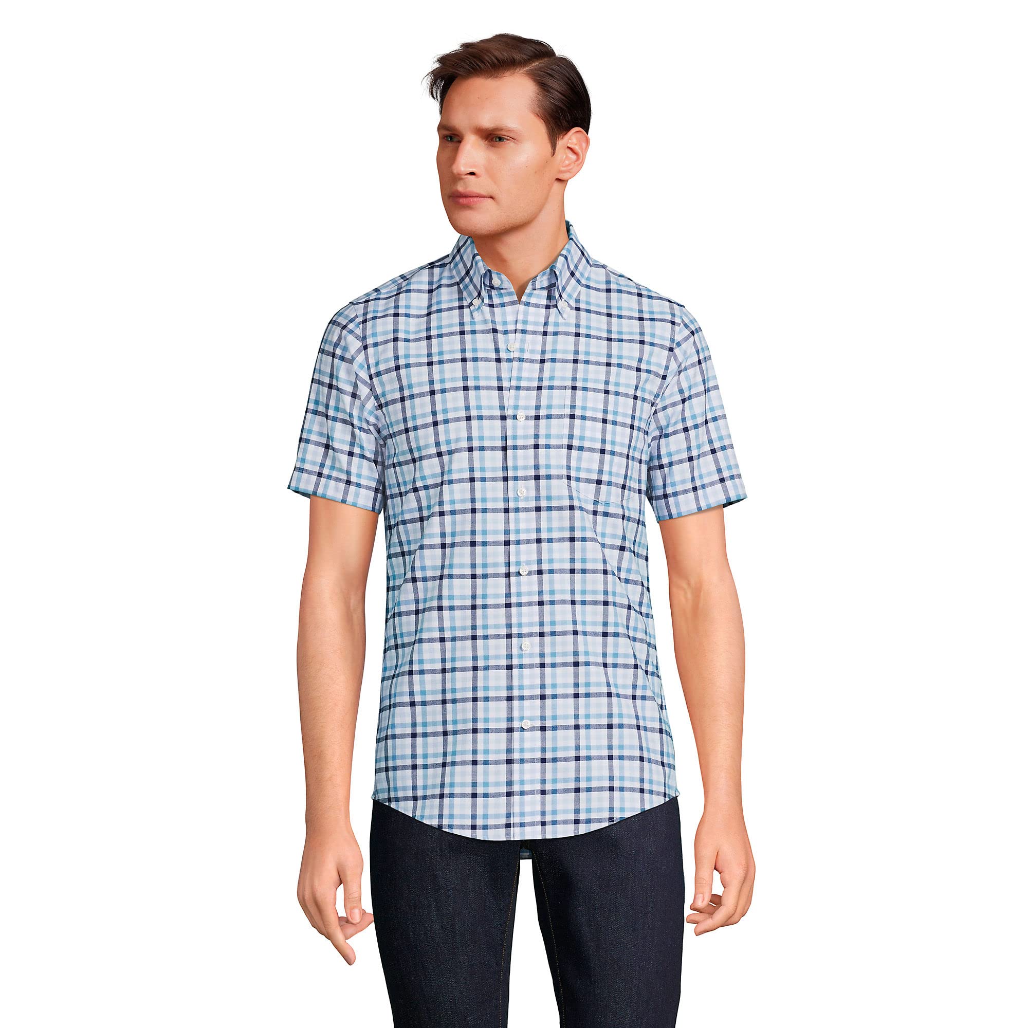 Lands' End Men's Short Sleeve No-Iron Traditional Fit Sport Shirt - Breathable Wrinkle-Free Dress Shirt for Office, Business Casual & Summer Wear