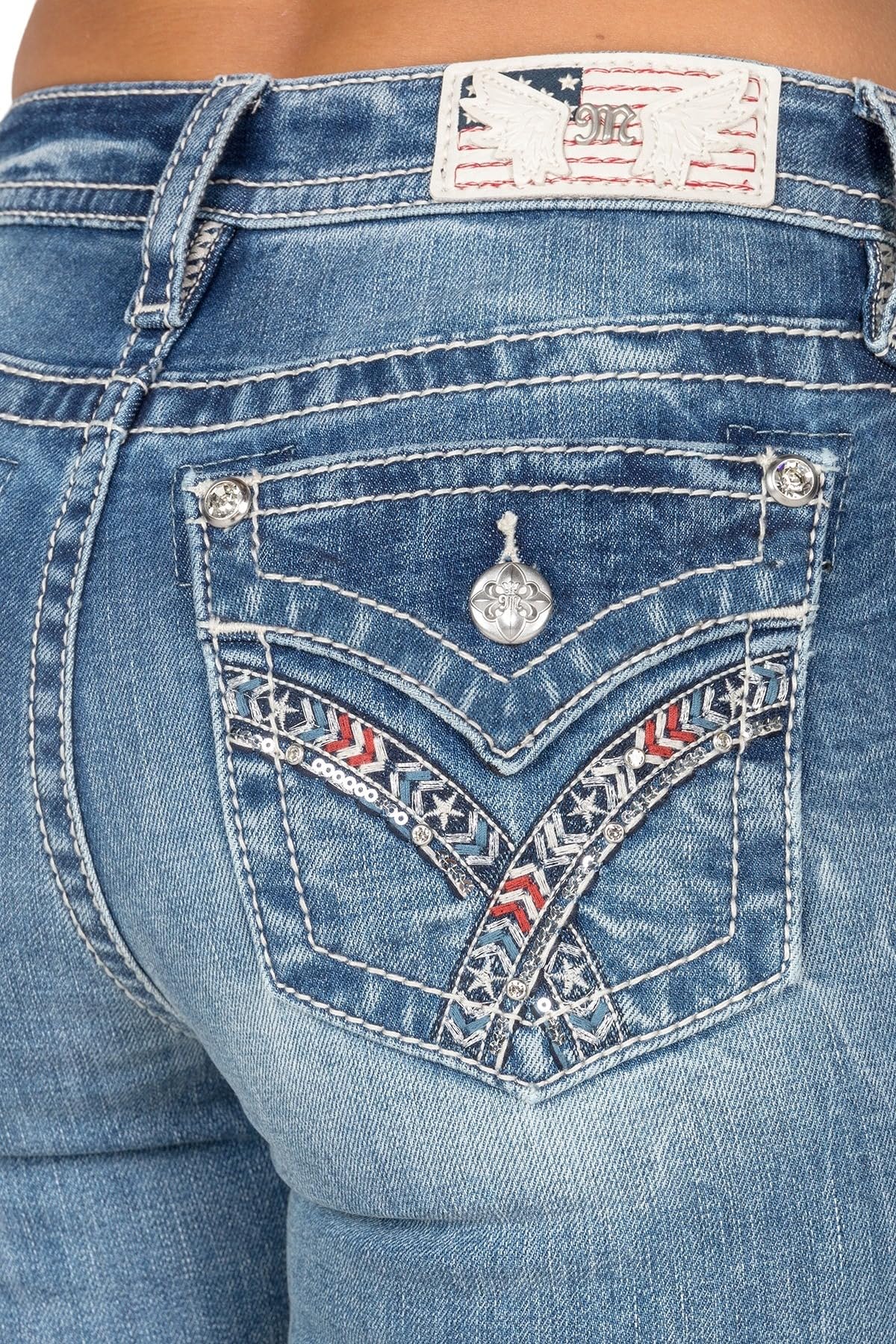 Miss Me Women's Mid-Rise Bootcut Jeans - Americana Zig Zag Design with Faux Flap Pockets, Stretch Denim for Comfort | Perfect for Casual Outfits, Date Nights & Western Style Looks