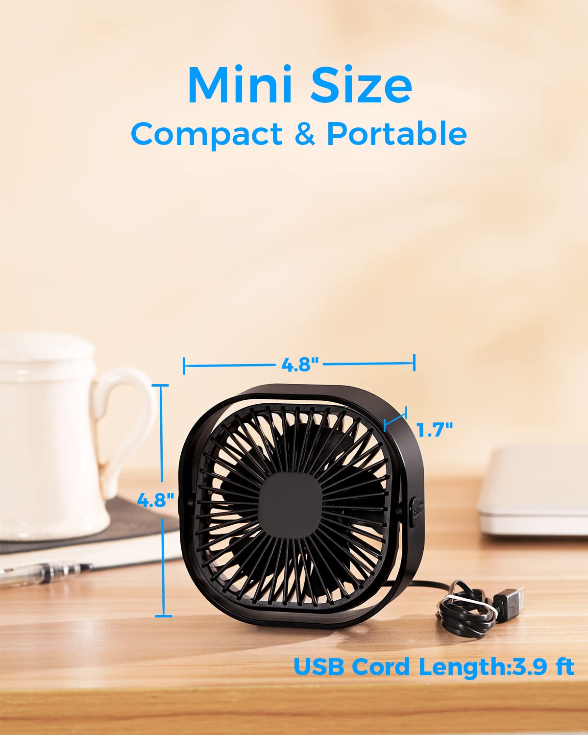 4 Inch Small USB Desk Fan - 3-Speed Portable & 360° Rotatable Mini Cooling Fan | USB-Powered for Home, Office, Bedroom, Dorm | Indoor & Outdoor Use | Perfect Summer Gift for Men & Women
