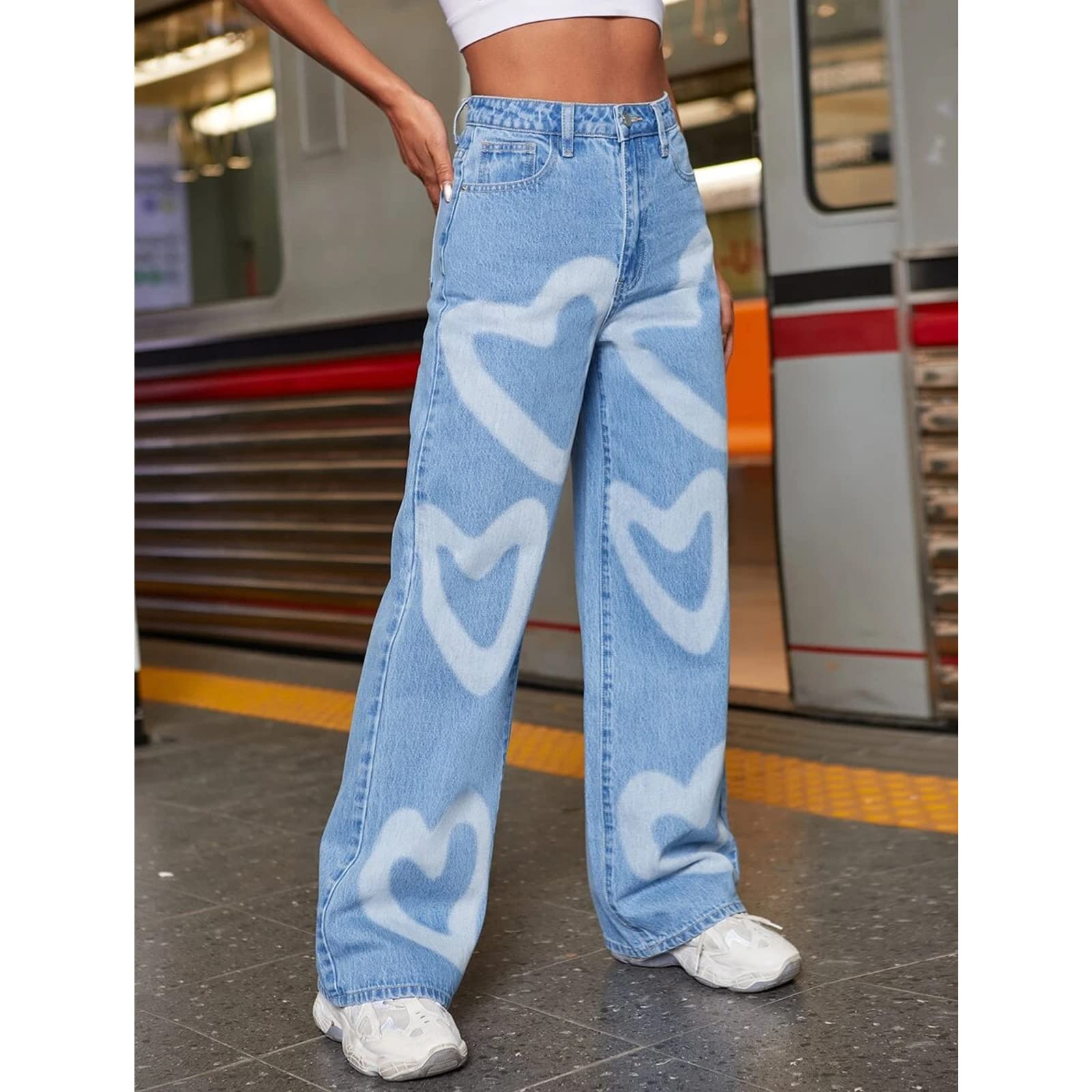 Heart Print Jeans for Women & Girls - Fashion High Waist Wide Leg Boyfriend Jeans, Loose Baggy Denim Pants for Casual Wear & Street Style Outfits
