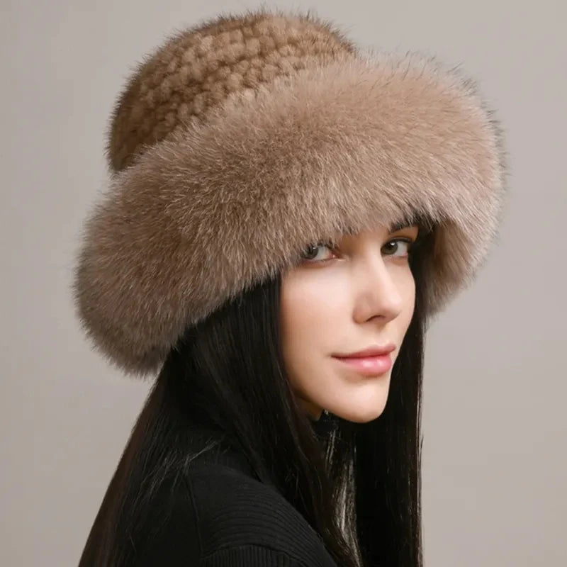 Luxury Handmade Knitted Mink Fur Hat with Real Fox Fur - Women's Winter Fashion Accessory for Cold Weather, Outdoor Activities & Holiday Gifts