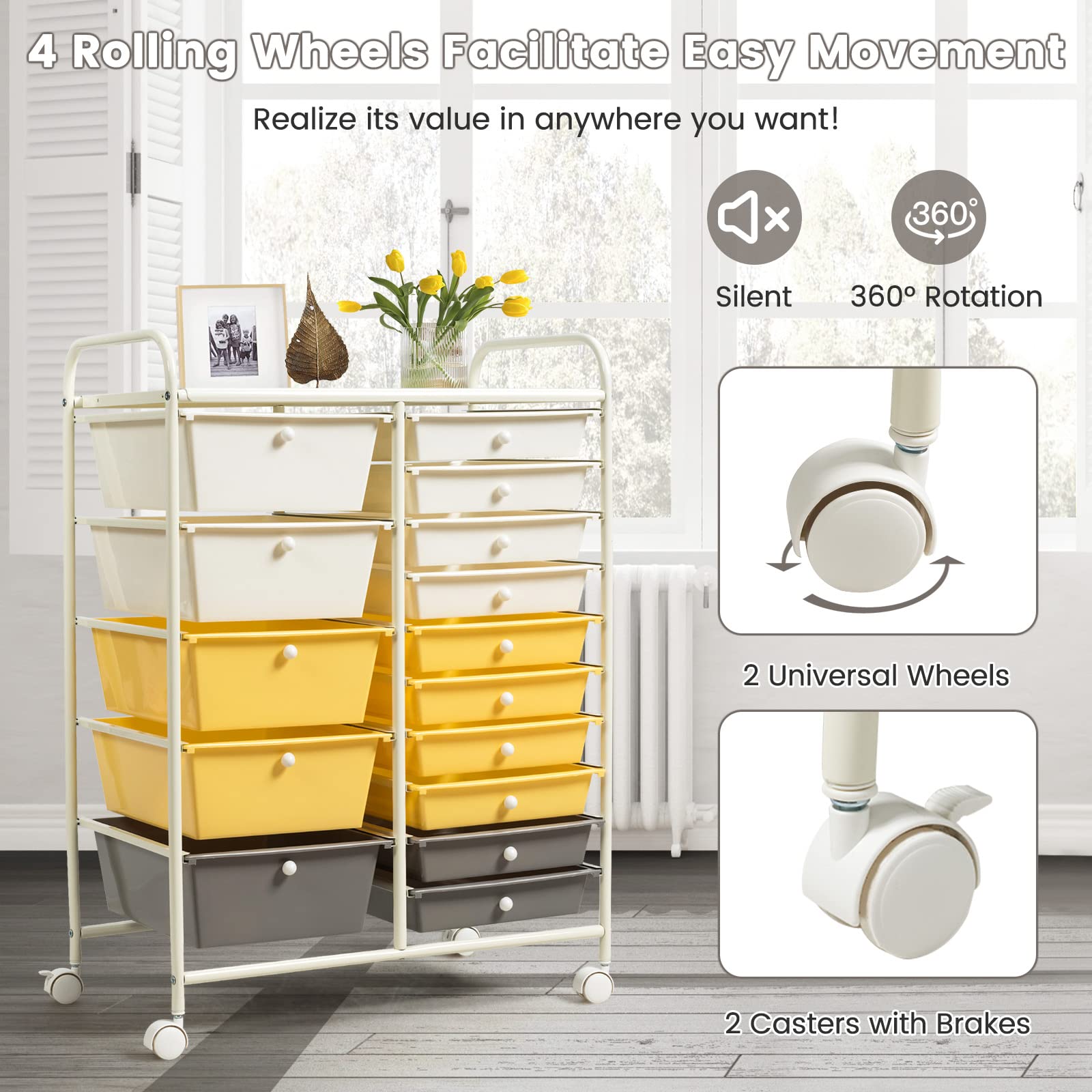 15-Drawer Rolling Cart Organizer with Lockable Wheels - 2-Sized Removable Storage Drawers for Art Supplies, Crafts, Files & Scrapbooking - Perfect for School, Home & Office Organization (Yellow)