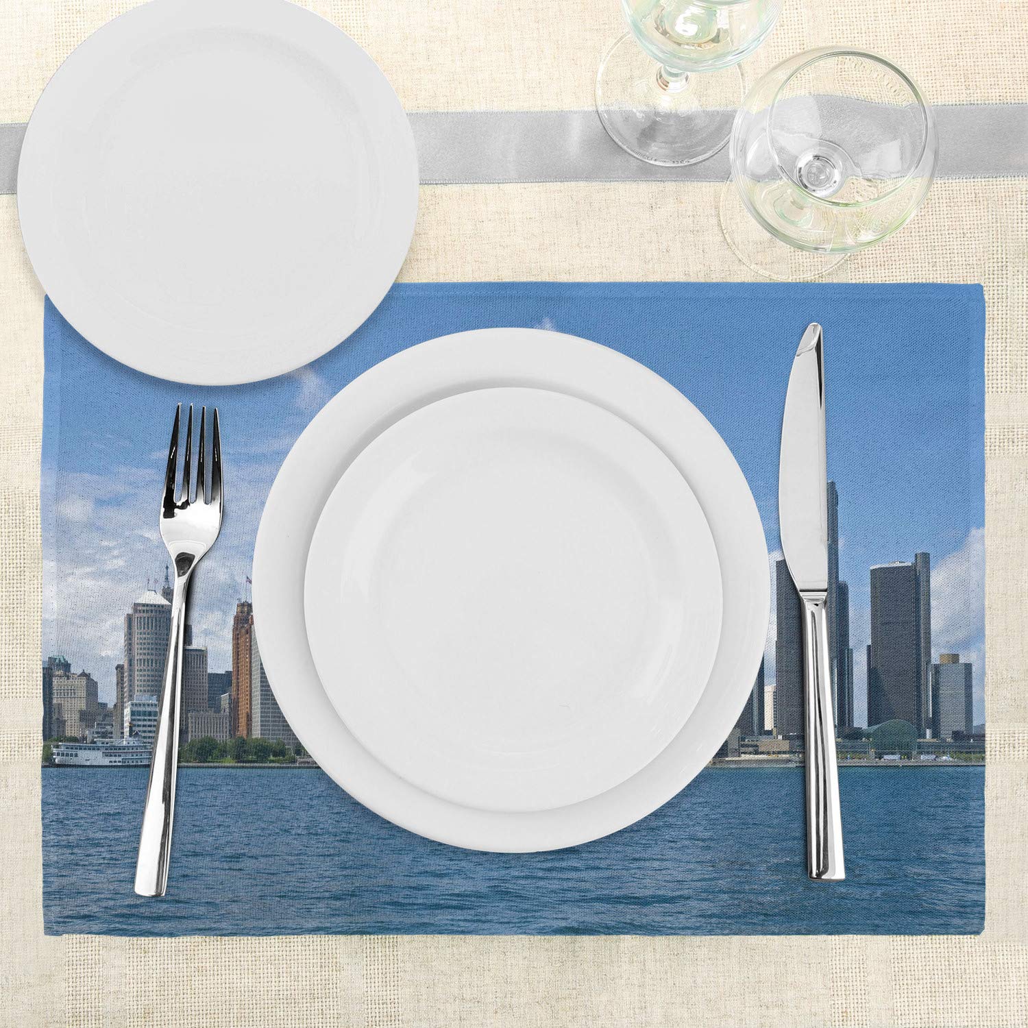 Ambesonne Detroit Placemats Set of 4 - Waterproof Washable Fabric Place Mats with Downtown Detroit GM Renaissance Center Design - Perfect for Dining Room, Kitchen Table Decor in Pale Blue White Grey - Ideal for Dinner Parties, Family Gatherings & Holiday Meals