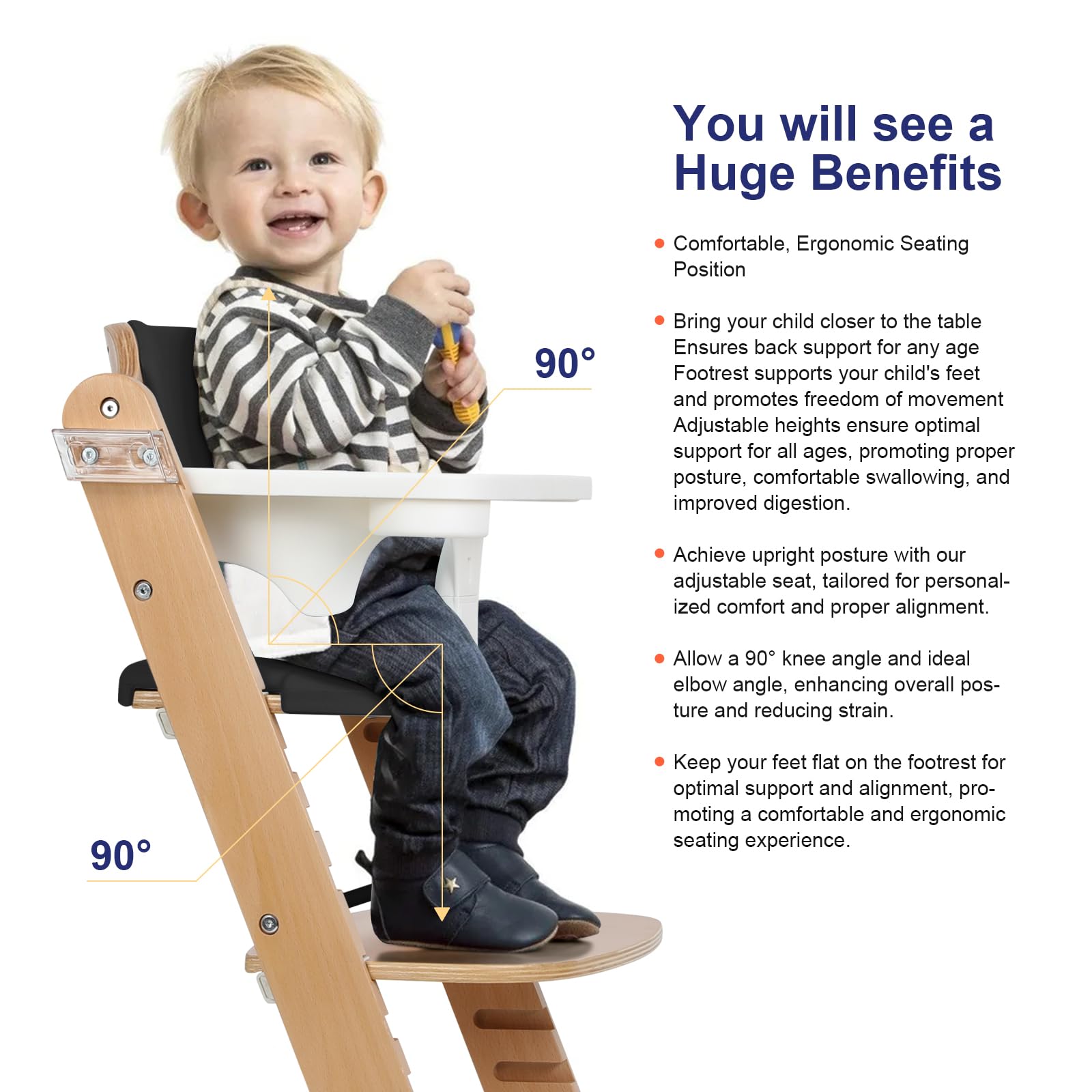 Cowiewie Natural Wooden High Chair for Babies & Toddlers - 3-Tier Removable Tray, 8 Adjustable Heights with Cushions, Easy to Clean Baby Feeding Chair (Black) | Perfect for Dining, Weaning & Playtime