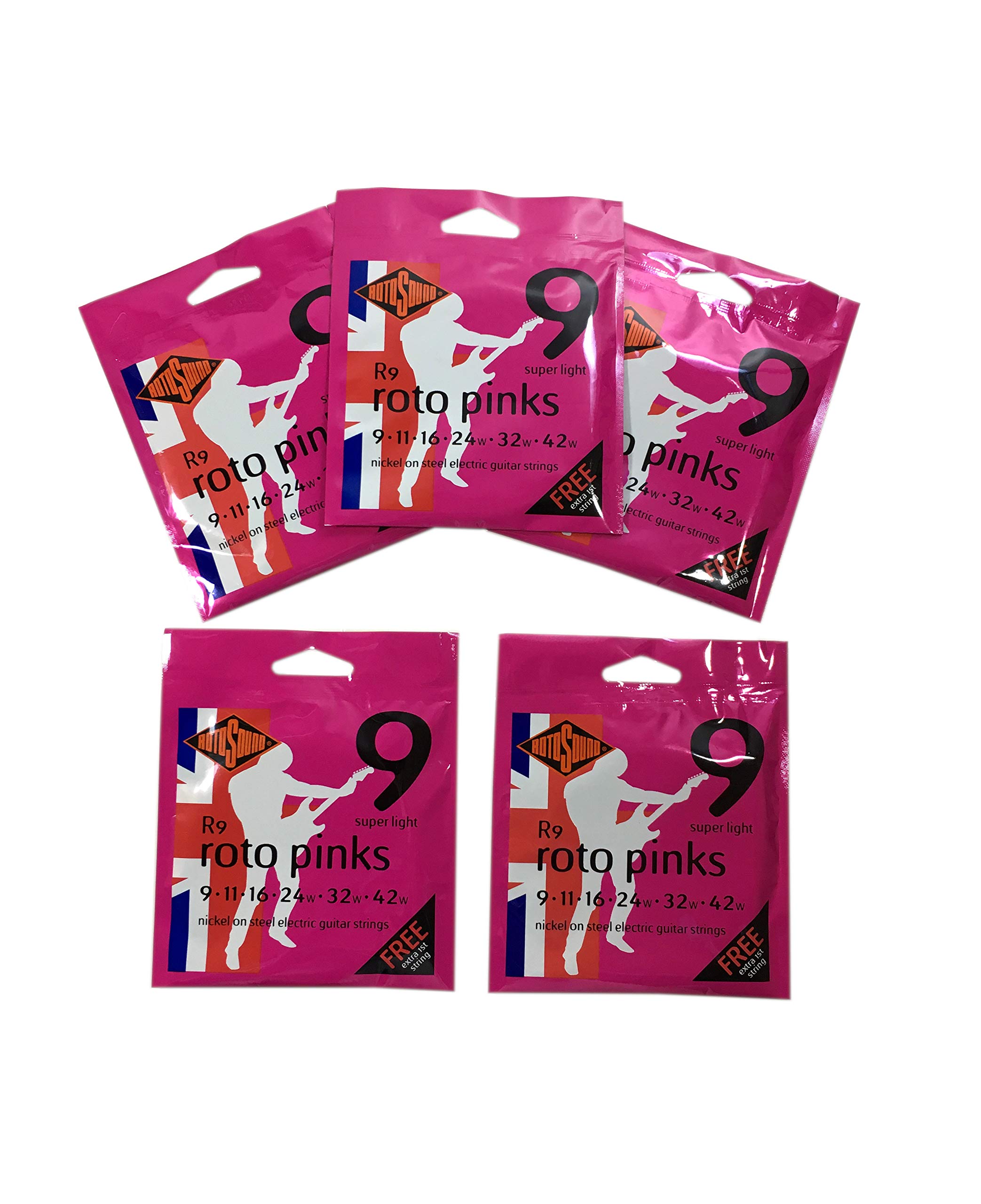RotoSound Roto Pinks Nickel Steel Electric Guitar Strings - Super Light 9-42 Gauge - 5 Pack Set for Rock, Blues & Studio Recording