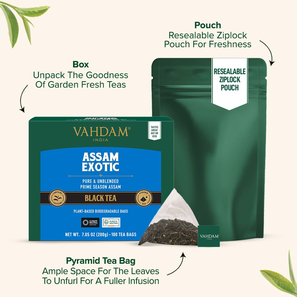 VAHDAM Assam Exotic Black Tea Bags (100 Count) - High Caffeine, Gluten Free, Full Bodied Pyramid Tea Bags | Strong Robust Flavor | Direct Trade from India | Perfect for Morning Boost, Afternoon Pick-Me-Up & Office Use