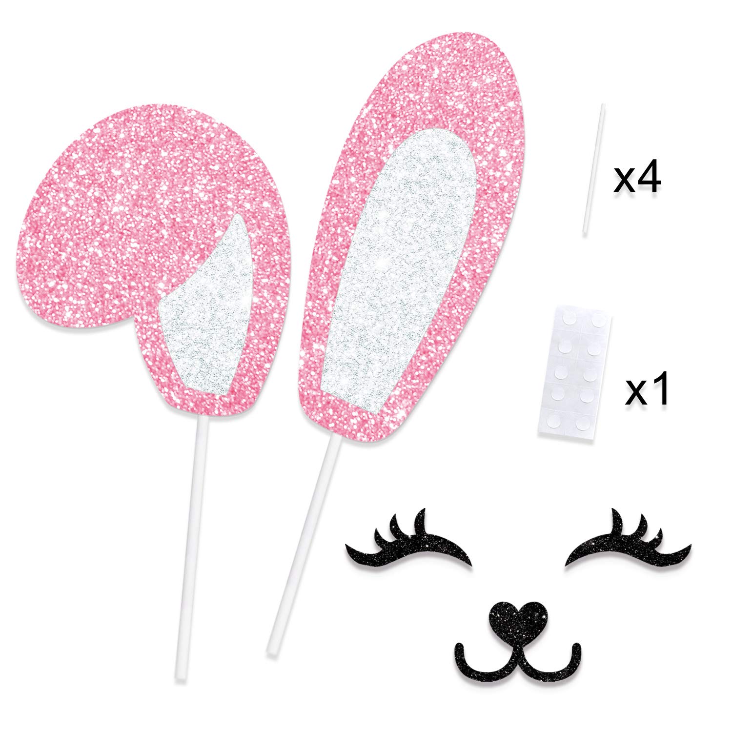 Pink Glitter Bunny Ears Cake Topper - Easter Rabbit Theme Party Decorations for Happy Birthday, Spring Celebrations & Easter Events - Perfect for Cake Decorating, Dessert Displays & Holiday Party Supplies