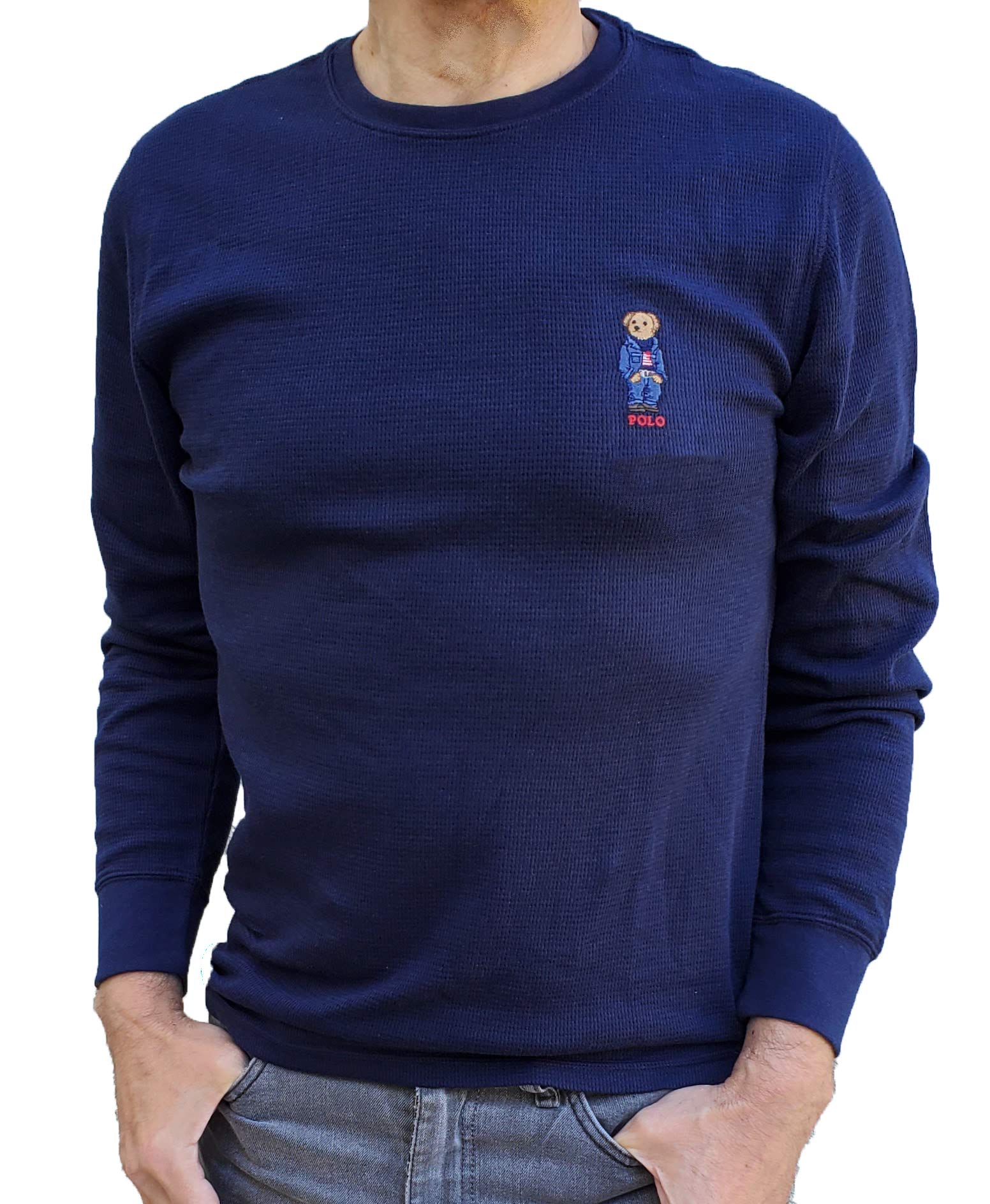 Ralph Lauren Men's Waffle Knit Thermal Shirt with Polo Bear Logo - Crew Neck Long Sleeve Sleepwear for Winter & Lounge Wear