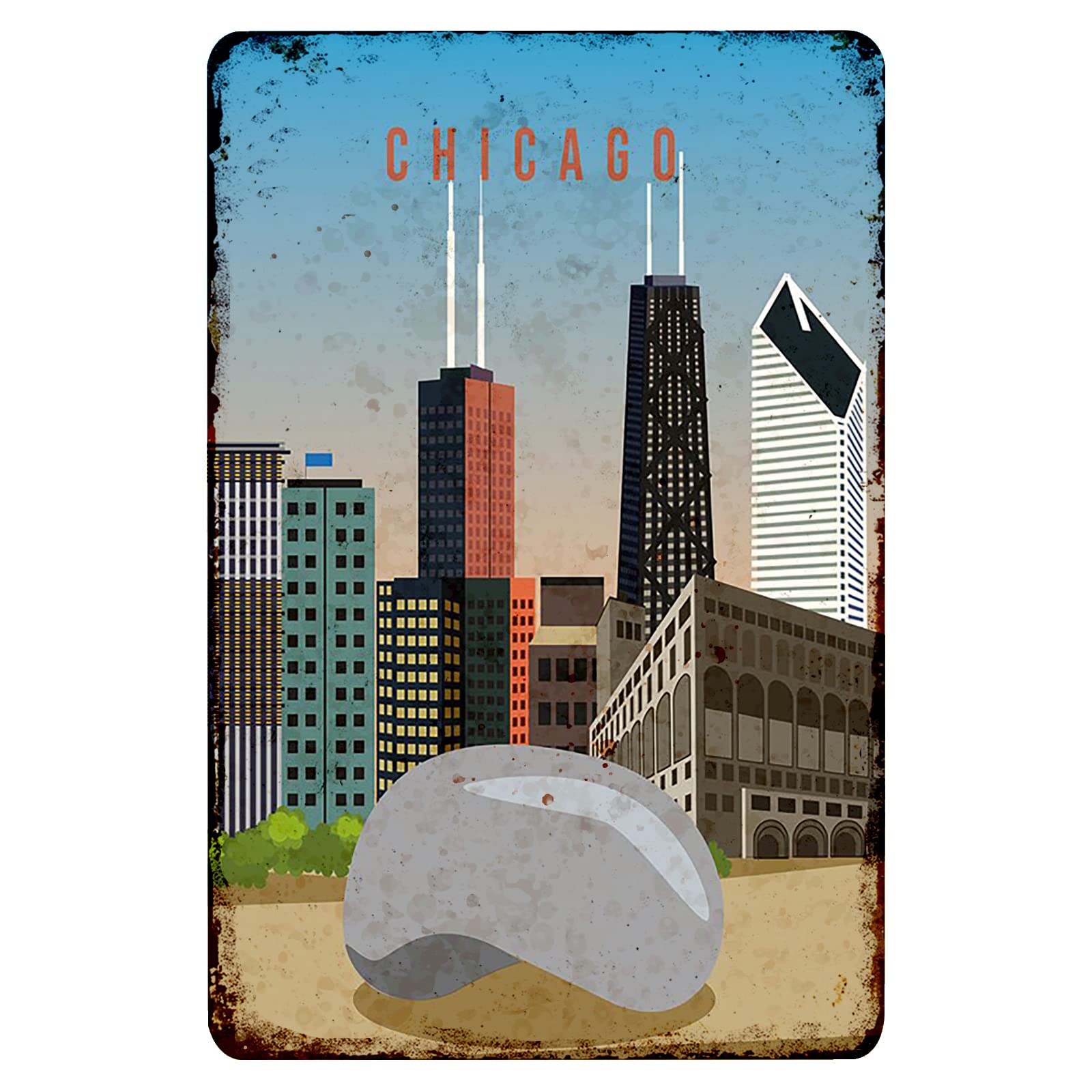 Vintage Chicago Illinois City Poster Art - 8x12 Inches Metal Wall Decor for Counselor Office, Bedroom & Home - Travel Illustration & Country Print for Urban Decor Lovers