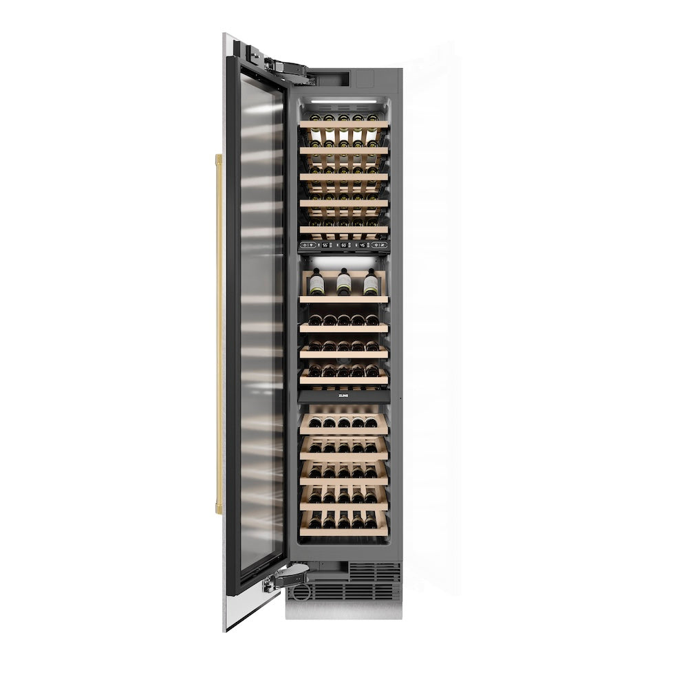 ZLINE RCWVLZ SN 18 G 18-Inch 9.0 cu ft Triple Zone 68-Bottle Left Hinge Wine Cooler - Satin Stainless Steel with Polished Gold Accents - Perfect for Home Bars, Wine Cellars & Entertaining Spaces