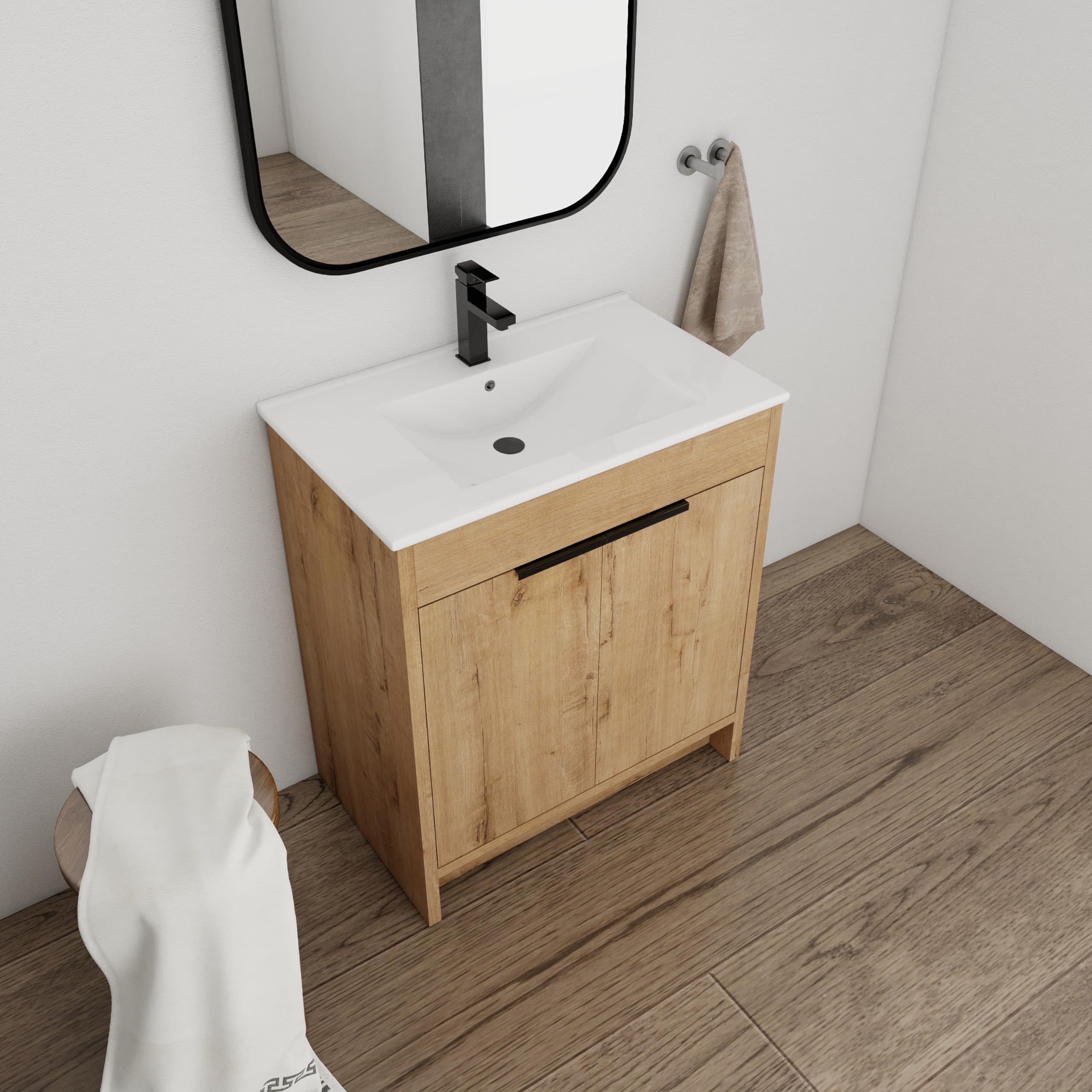 30 Inch Modern Freestanding Bathroom Vanity Set with Sink - Single Sink Bathroom Cabinet in Brown Finish - Perfect for Small Bathrooms, Powder Rooms & Apartment Remodels