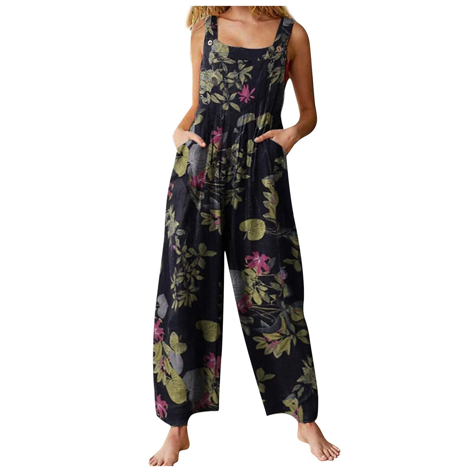 NBXNZWF Women's Loose Fit Casual Overalls 2024 - Floral Patchwork Bohemian Romper with Wide Leg & Dual Pockets | Perfect for Spring Outfits, Music Festivals & Boho Chic Style