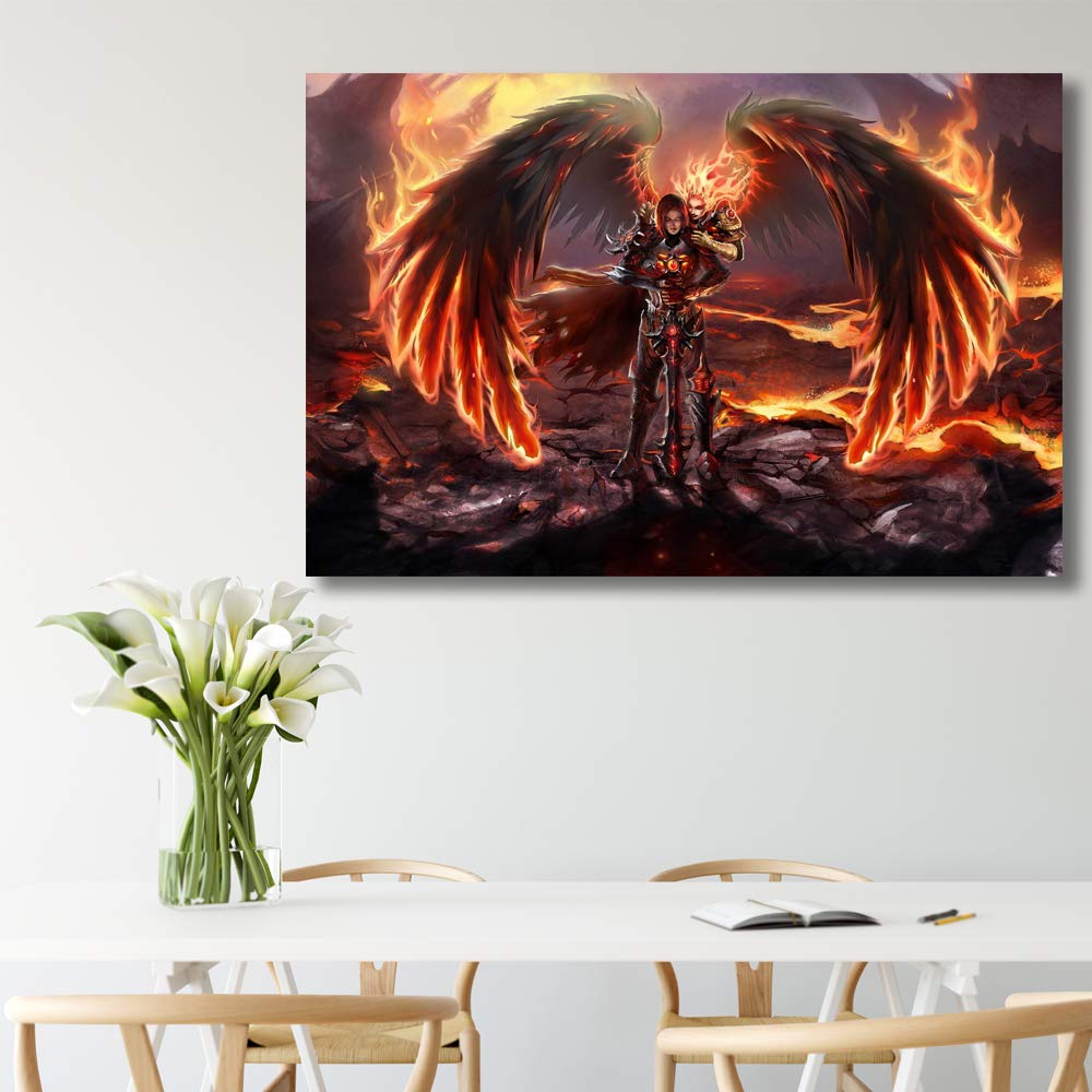 Angel and Dragon Canvas Wall Art - 32x48 Inch Framed Painting Print for Bedroom, Living Room Decor | Mythical Fantasy Home Decor | Perfect for Gothic, Medieval or Fantasy Themed Interiors