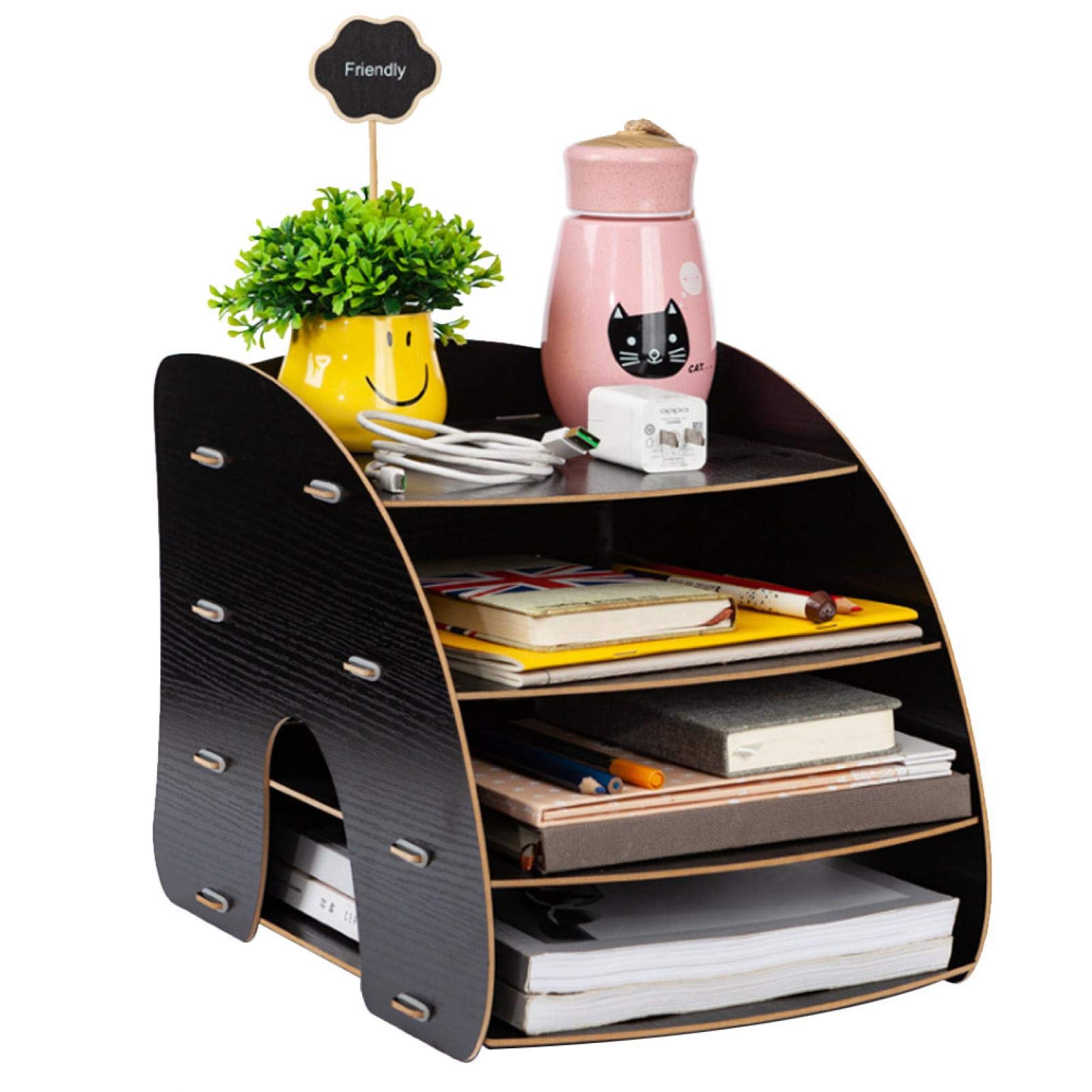 Junlucki A4 File Organizer Stand - Waterproof & Moisture-Proof Multi-Layer Book Holder for Office & Home - Arc-Shaped Desktop Storage Box (Pure Black) | Perfect for Organizing Documents, Books & Office Supplies on Your Desk