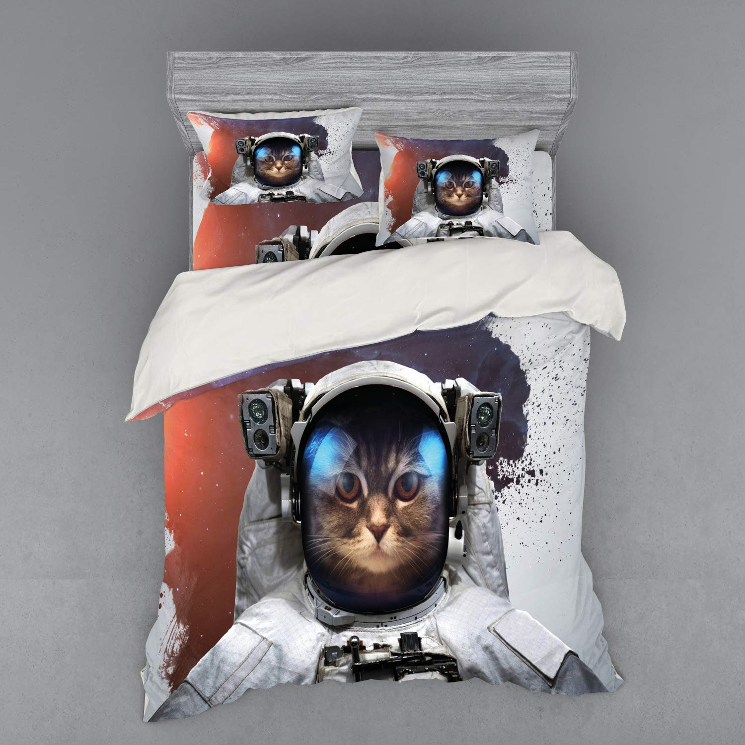 Ambesonne Space Cat Duvet Cover Set - 4 Piece Queen Size Bedding with Shams & Fitted Sheet - Street Art Grunge Design Featuring Cosmonaut Cat in Space Suit - White Purple Orange - Perfect for Sci-Fi Themed Bedrooms & Unique Home Decor