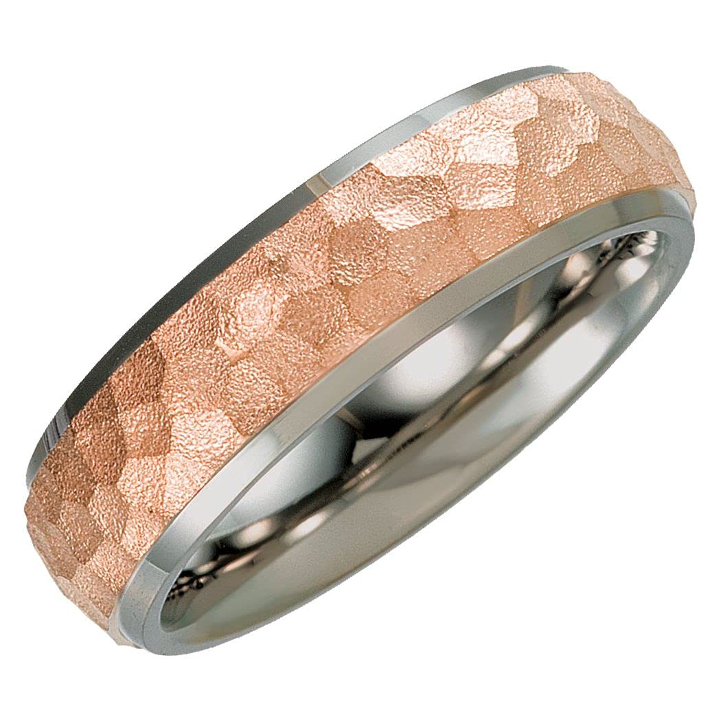 Titanium & Rose Gold Plated 7mm Beveled Edge Wedding Band Ring for Women - Hammered Finish Jewelry Gift (Size 6.5-12) - Perfect for Anniversary, Engagement & Everyday Wear