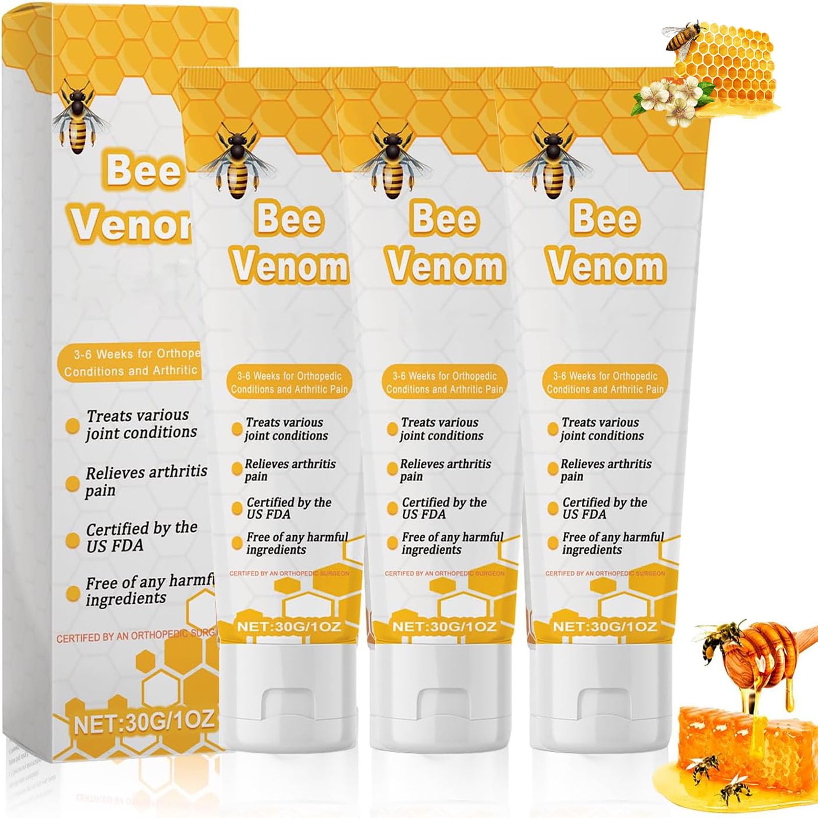 New Bee Venom Joint & Bone Relief Gel - Natural Bee Extract & Honey Cream for Knee, Hand, and Muscle Pain - Fast-Acting Pain Relief for Arthritis, Sports Injuries & Daily Discomfort (3-Pack)