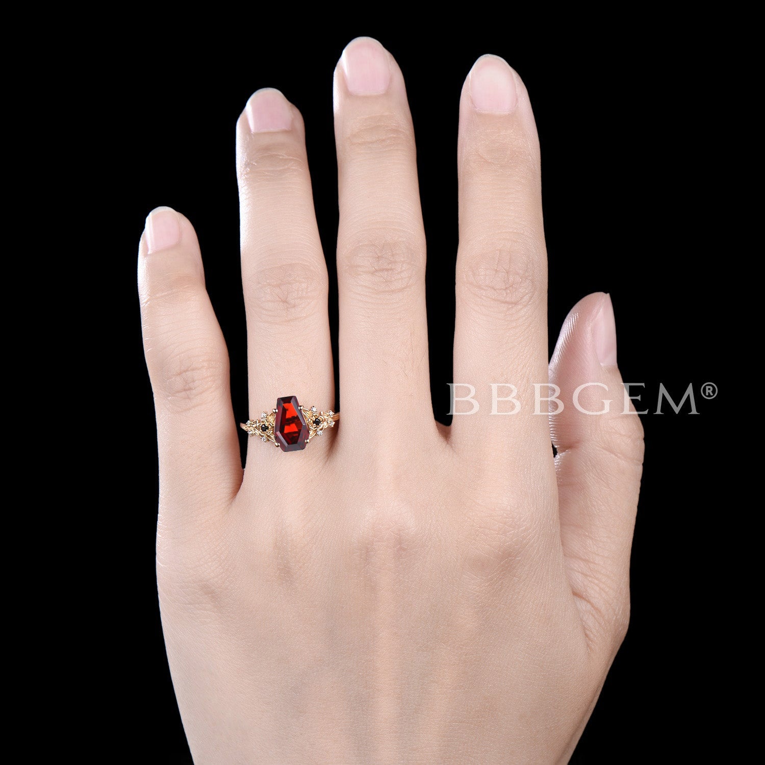 Vampire Themed Coffin Shaped Garnet Ring for Women - Gothic Jewelry, Natural Stone, Nature Inspired Design - Perfect for Halloween, Cosplay, and Dark Fashion Accessories