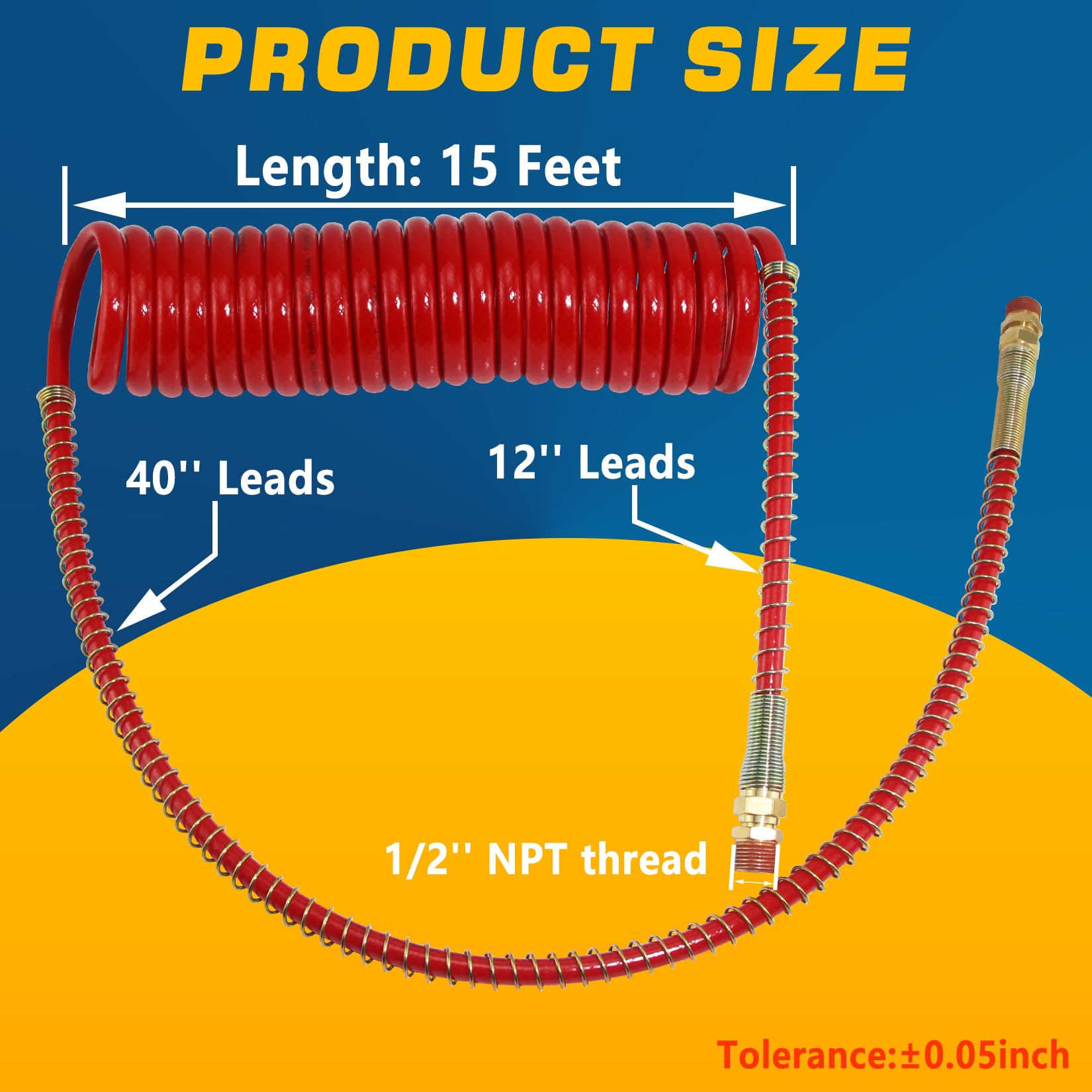 15Ft Coiled Air Brake Hose Assembly for Semi Truck - Red & Blue Coiled Air Brake Lines with 40
