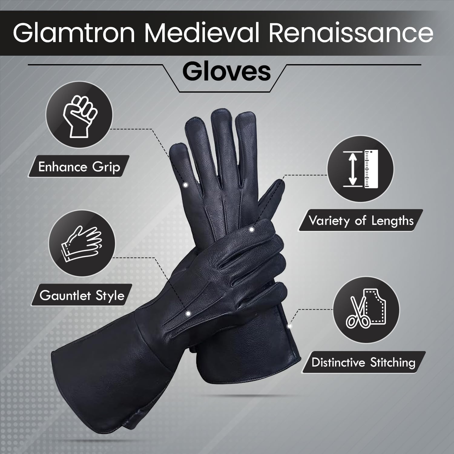 Glamtron Medieval Renaissance Gloves - Pure Lambskin Leather Cosplay Gauntlet Gloves with Long Arm Cuff - Small Size in Black - Perfect for LARP, Renaissance Fairs & Historical Reenactments