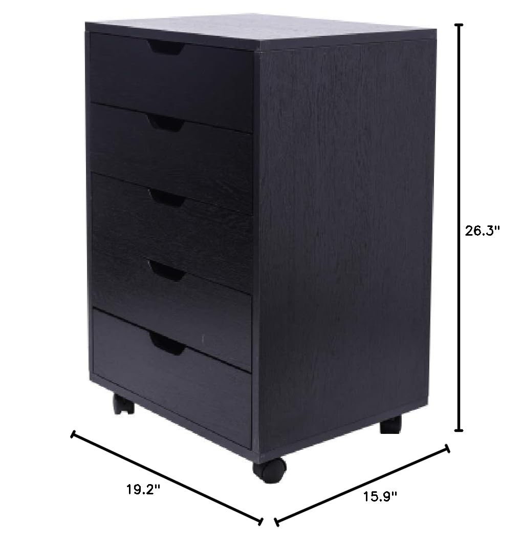 5-Drawer Mobile Wooden Filing Cabinet with Wheels - Vertical Storage Organizer for Home & Office - Black - Perfect for Documents, Files, and Office Supplies Storage
