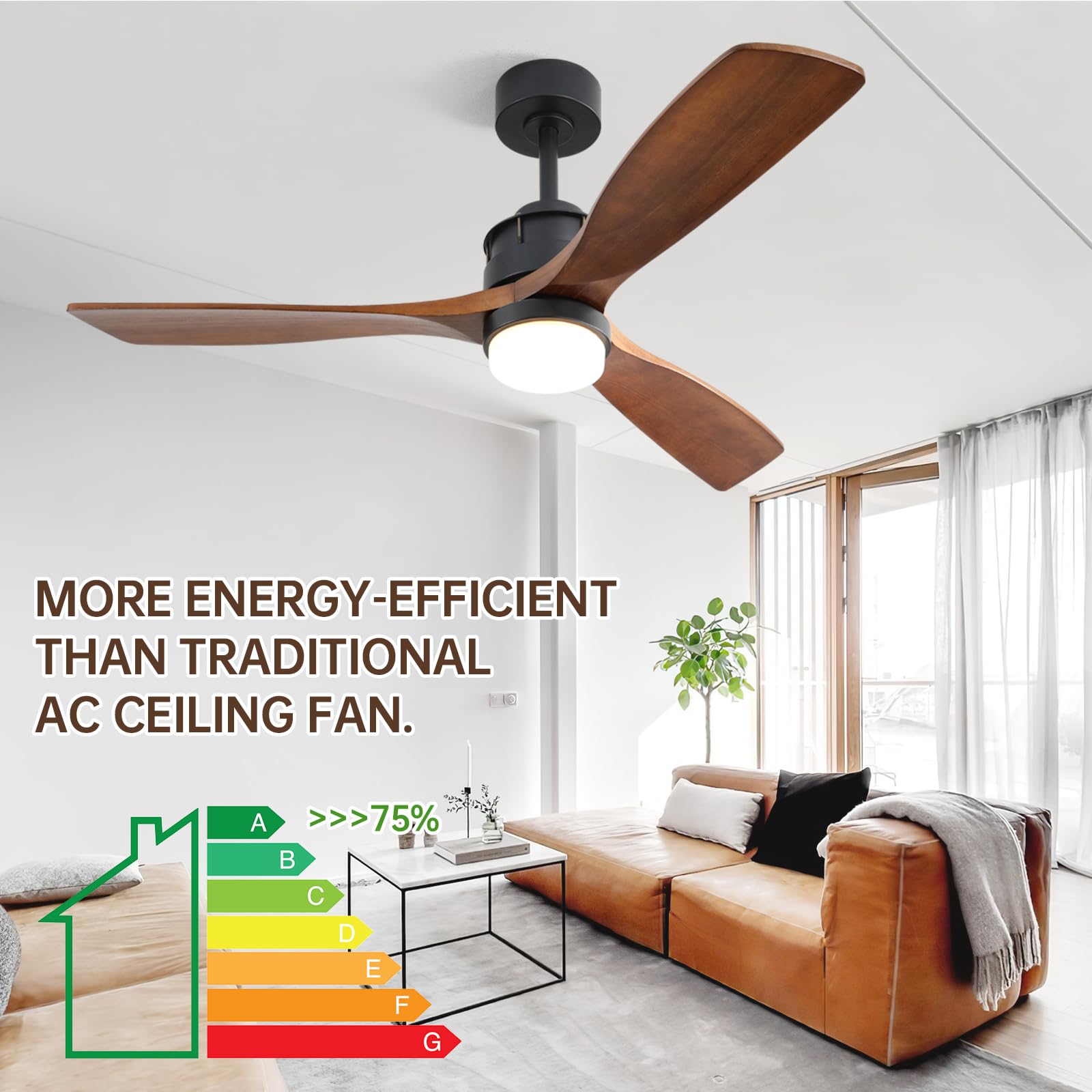 60 Inch Walnut Wood Ceiling Fan with Light and Remote Control - Large Outdoor Ceiling Fan for Covered Patios, Porch, Garage, Farmhouse - Perfect for Cooling and Decorating Your Outdoor Living Spaces