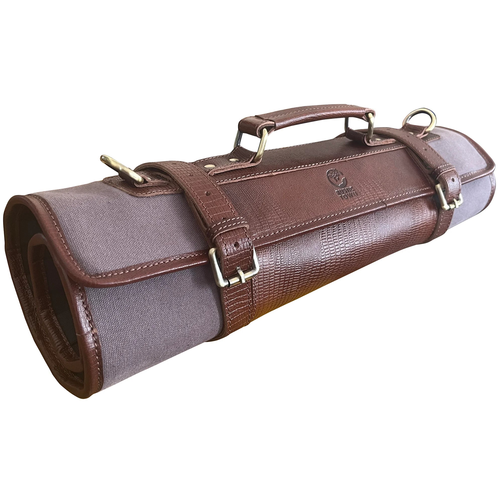Premium Leather & Canvas Knife Roll Storage Bag for Chefs - Chocolate Grey - Ideal for Professional Kitchens, Culinary Schools & Home Cooking