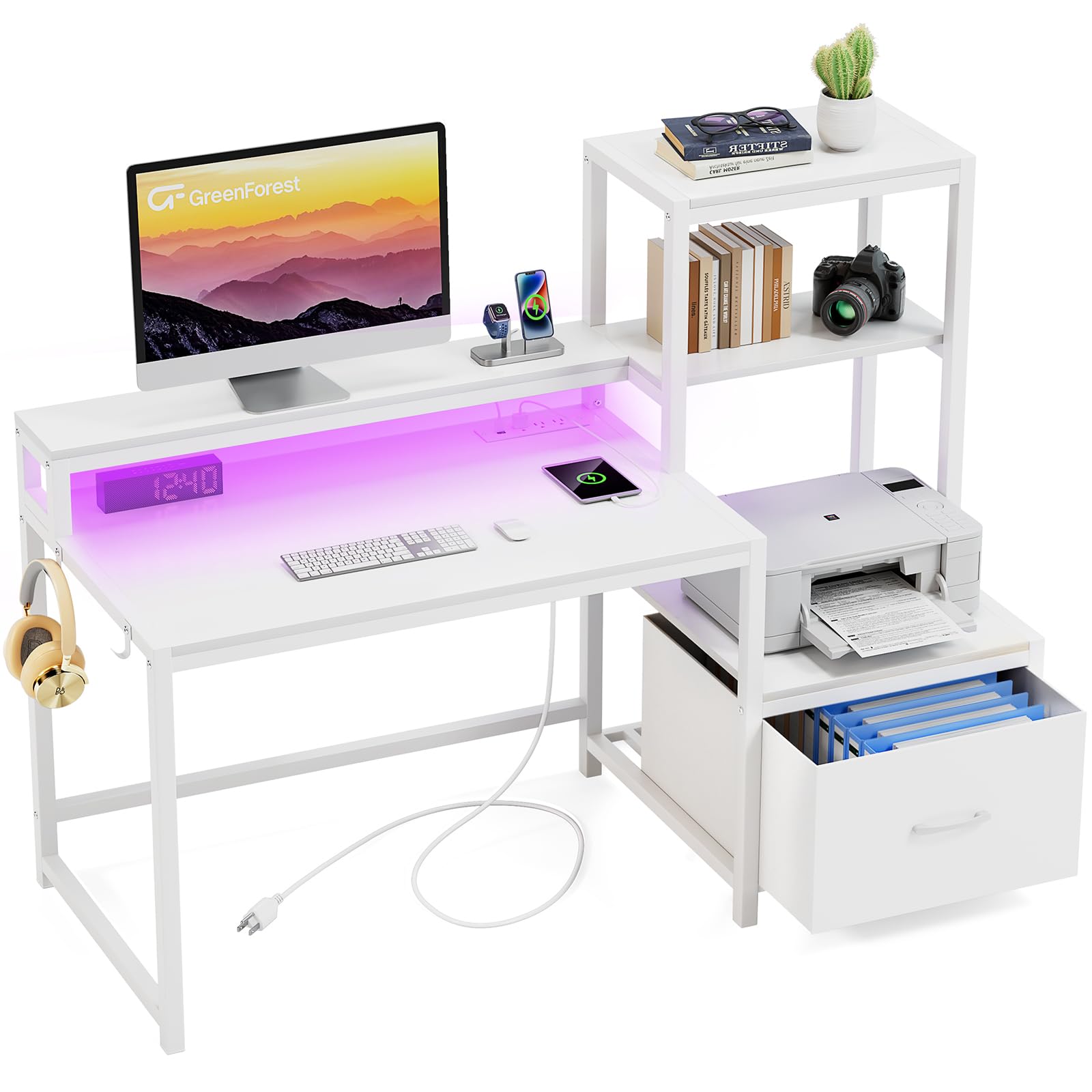 GreenForest 51-inch Computer Desk with Drawers, Monitor Stand & Storage Shelves - Home Office Desk with Power Outlets & LED Lights - Perfect for Gaming, Study, Writing & Remote Work - White