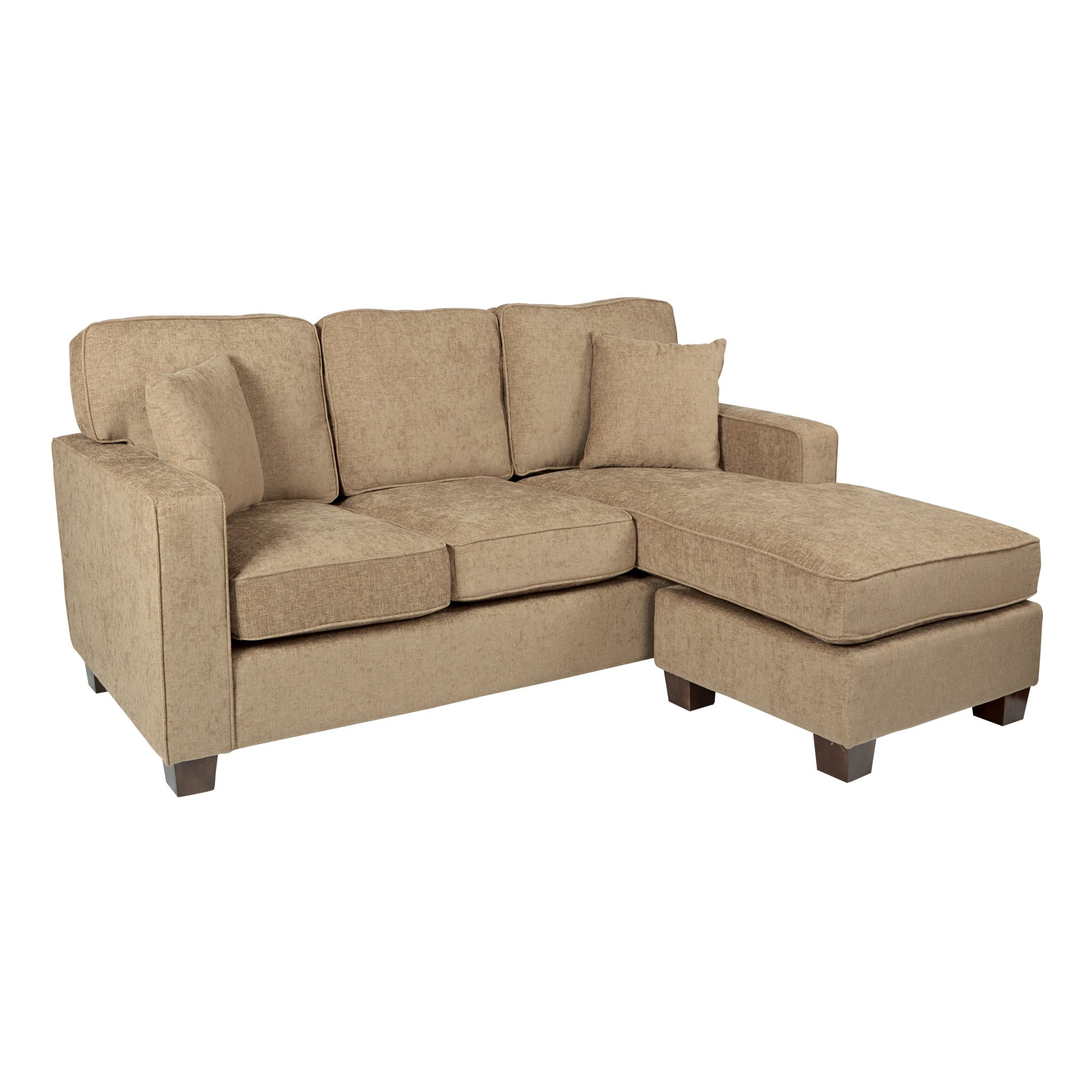 OSP Home Furnishings Russell Reversible Sectional Sofa with 2 Pillows & Coffee Finished Legs - Modern Earth-Toned Living Room Furniture for Small Spaces & Family Gatherings