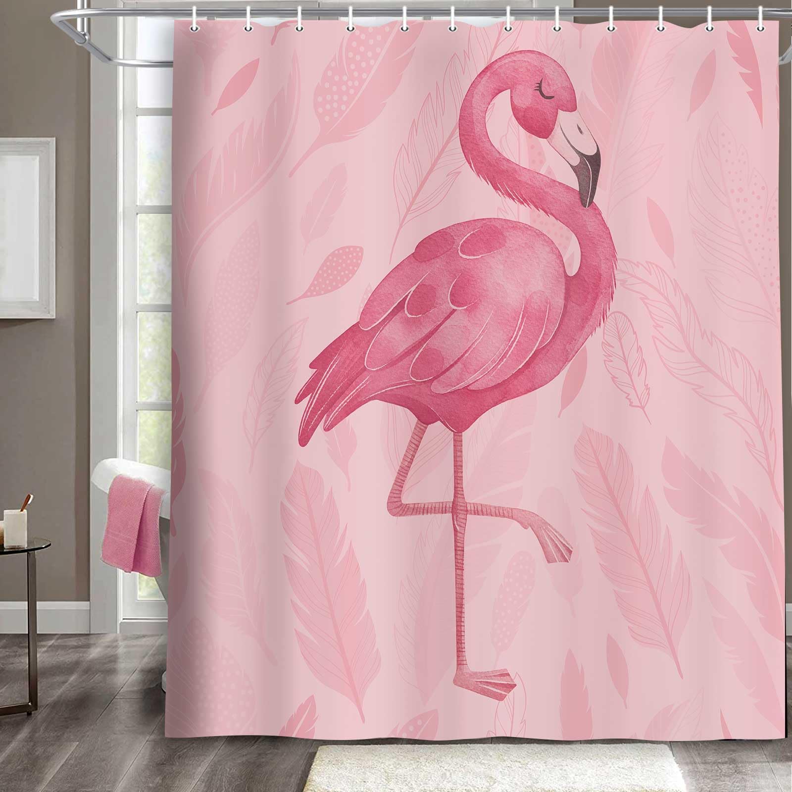 Pink Flamingo Shower Curtain - Modern Boho Bathroom Decor with Cute Tropical Design - Waterproof Polyester Fabric 71x71 Inches - Perfect for Girls' Bathroom, Beach House & Vintage Style Home Decor