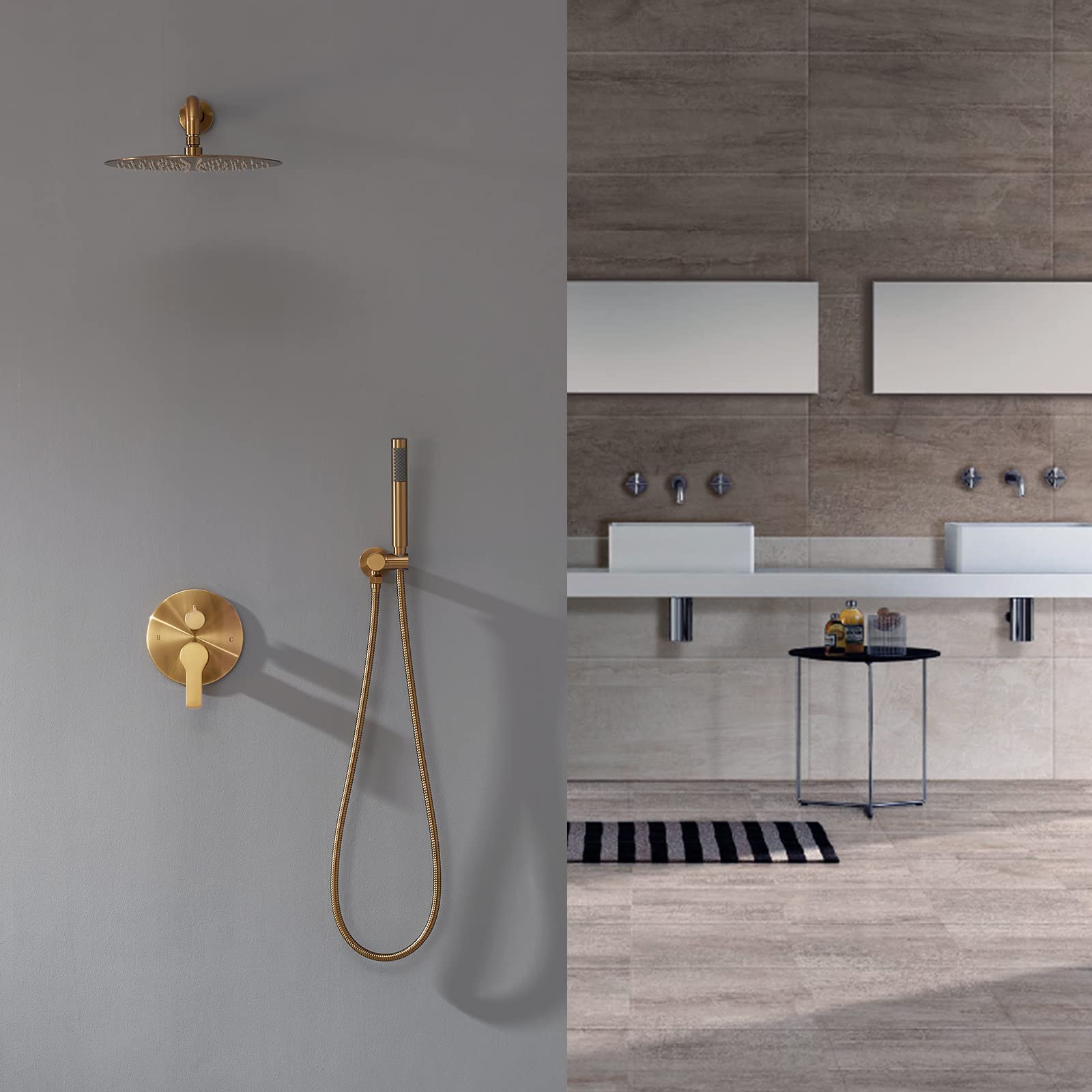 Premium Brushed Gold Wall Mounted Shower System - 10 Inch Rainfall Shower Head with Handheld Sprayer, Pressure Balance Valve & Complete Trim Kit | Perfect for Modern Bathroom Renovation & Spa-Like Shower Experience