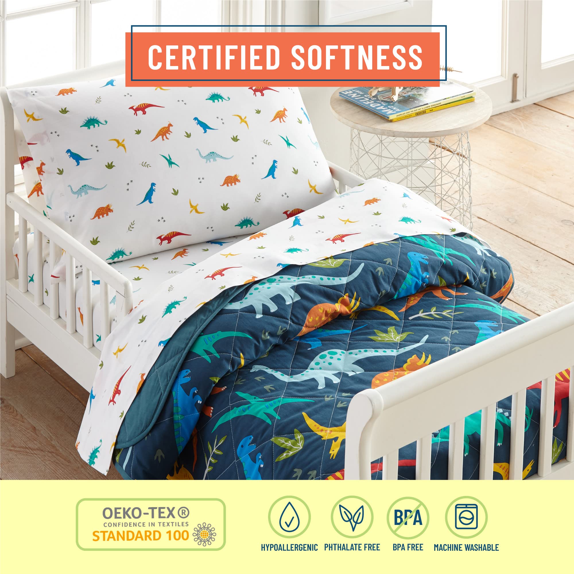 Wildkin 100% Cotton Flannel Toddler Sheet Set - Soft Dinosaur Themed Bedding for Boys & Girls (Top Sheet, Fitted Sheet, Pillowcase) - Perfect for Nursery, Daycare & Cozy Bedtime Comfort (Jurassic Dinosaur Print)