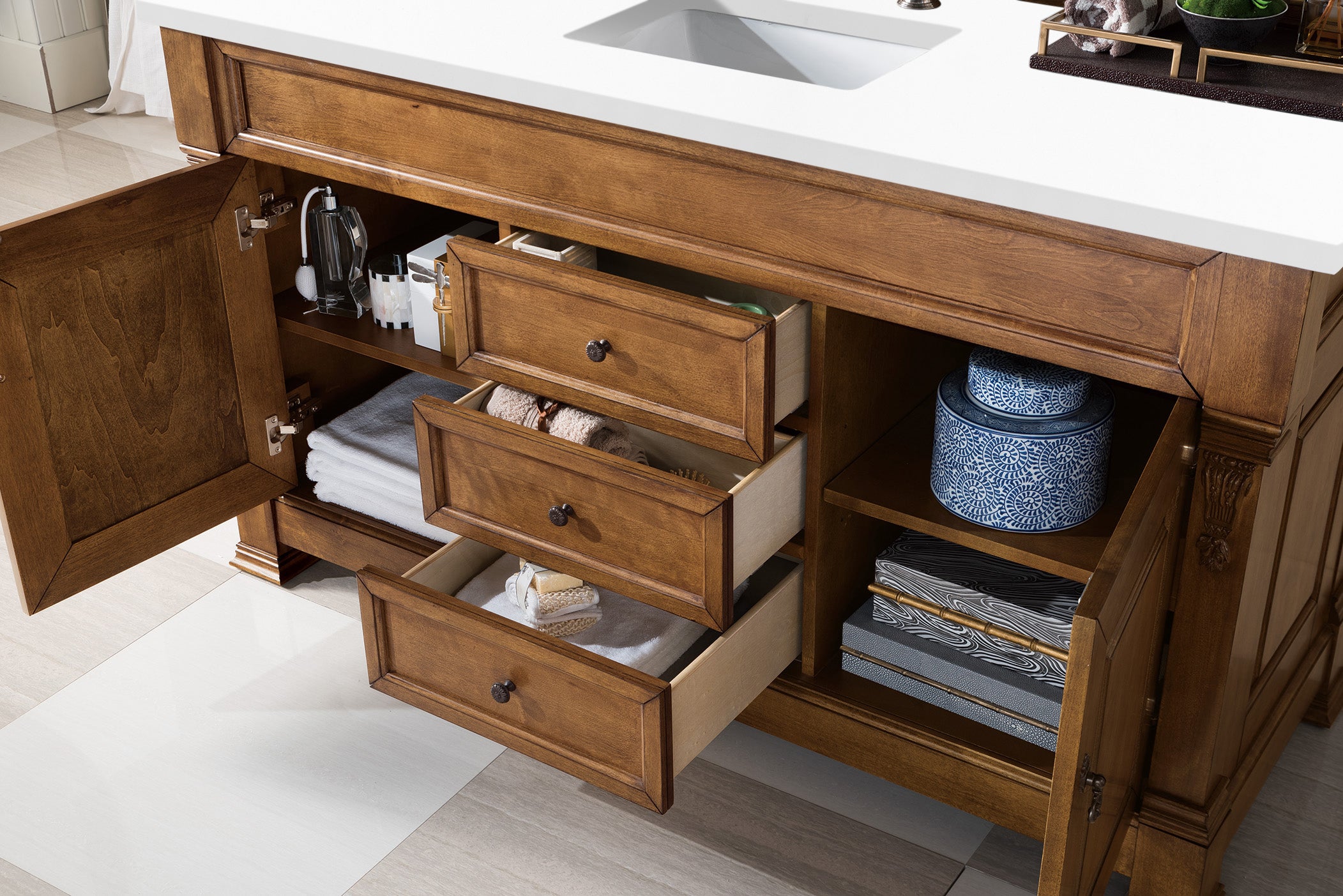 Brookfield 60 Inch Single Bathroom Vanity in Country Oak with 3CM Classic White Quartz Top - Perfect for Modern Farmhouse & Rustic Bathroom Decor