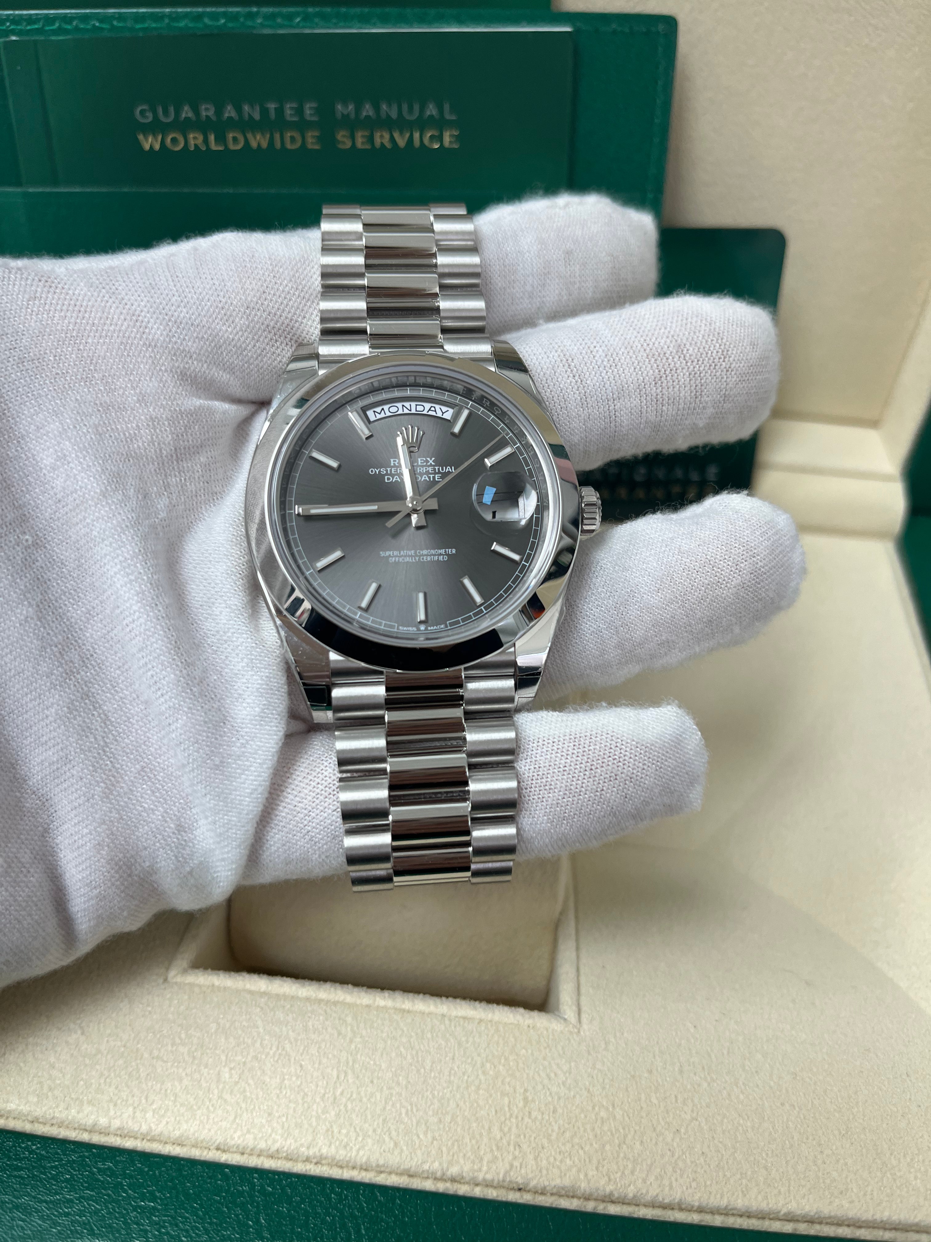 Rolex Day Date 40mm Platinum Watch with Grey Dial & Smooth Bezel - Ref.228206 | Luxury Dress Watch for Business & Formal Occasions