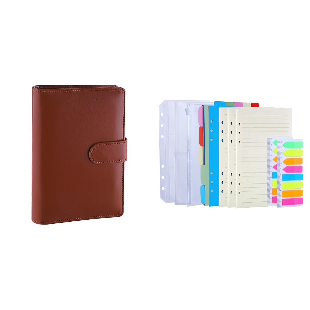 Antner A6 PU Leather Notebook Binder (Brown) - 3 Pack A6 Refill Paper, 2 Pack 160pcs Neon Page Markers, 10pcs Binder Dividers, 3pcs Binder Pockets - Perfect for School, Office & Planner Organization