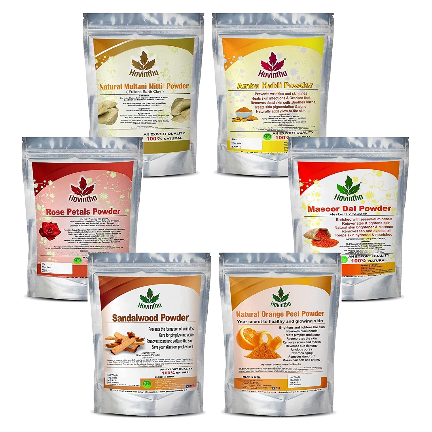 **Havintha Natural Face Pack Combo for Healthy & Glowing Skin – Multani Mitti, Sandalwood, Orange Peel, Rose Petal, Masoor Dal, Amba Haldi Powder (100g Each) – Perfect for Daily Skincare & Spa Treatments**