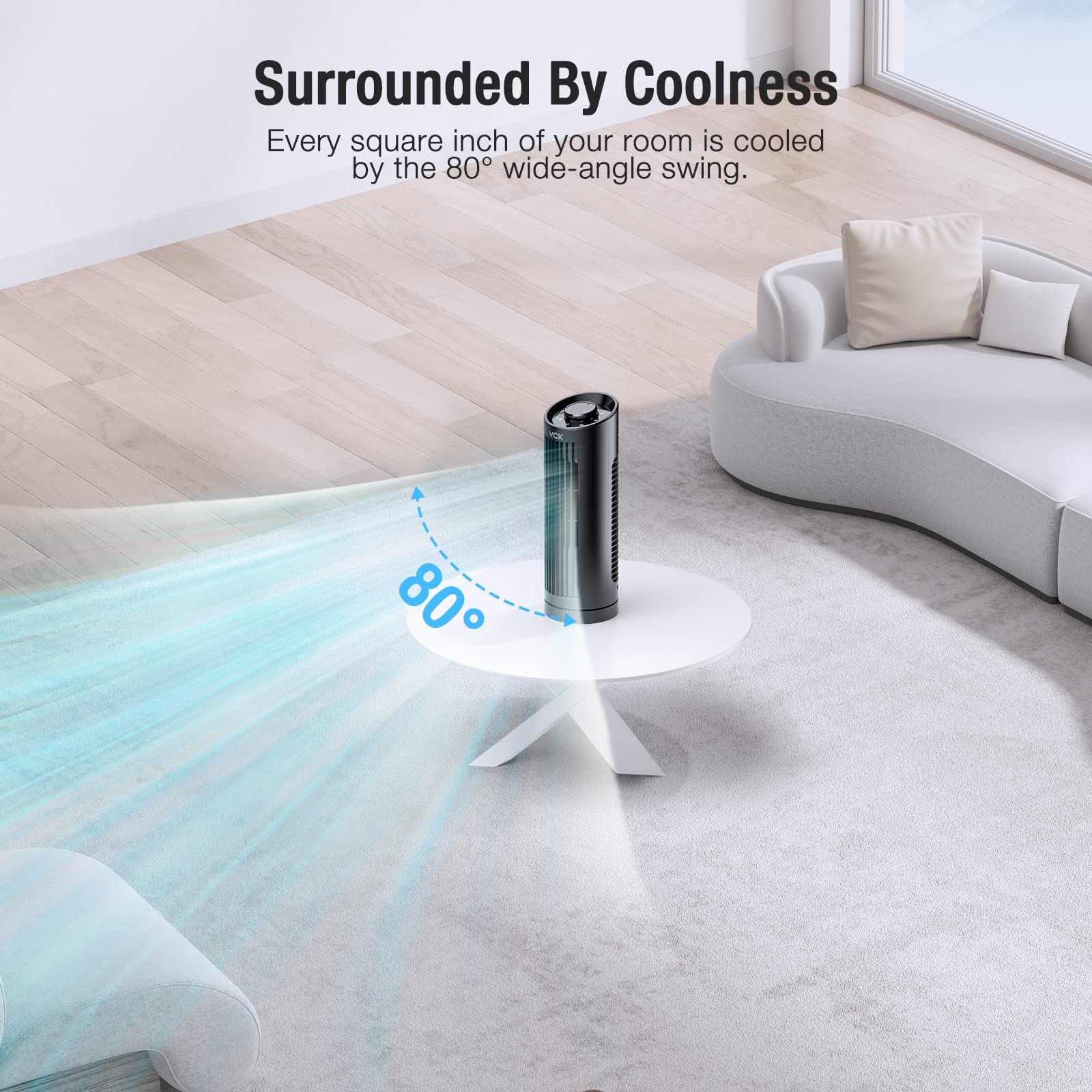 VCK 80° Oscillating Bladeless Tower Fan - 13'' Desk Fan with 3 Speed Settings, Ultra Quiet Operation, Compact & Portable Design for Bedroom, Home Office, Desktop - Perfect for Cooling, Air Circulation & White Noise in Small Spaces