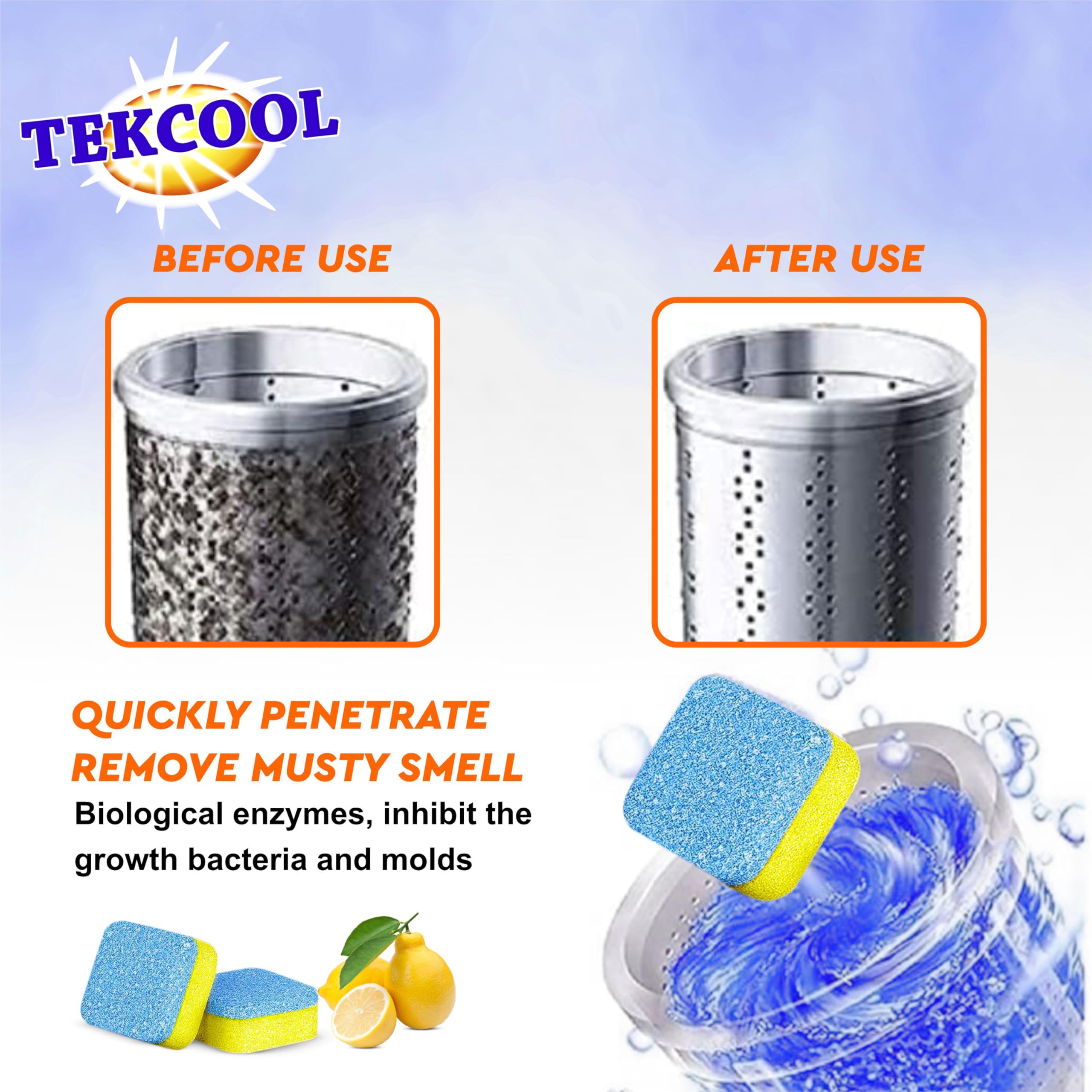 TEKCOOL Washing Machine Cleaner Tablets - 12 Pack Descaling Powder for Deep Cleaning Front & Top Load Washers | Lemon Scented | Removes Odor, Mold & Residue | Ideal for Laundry Maintenance & Appliance Care