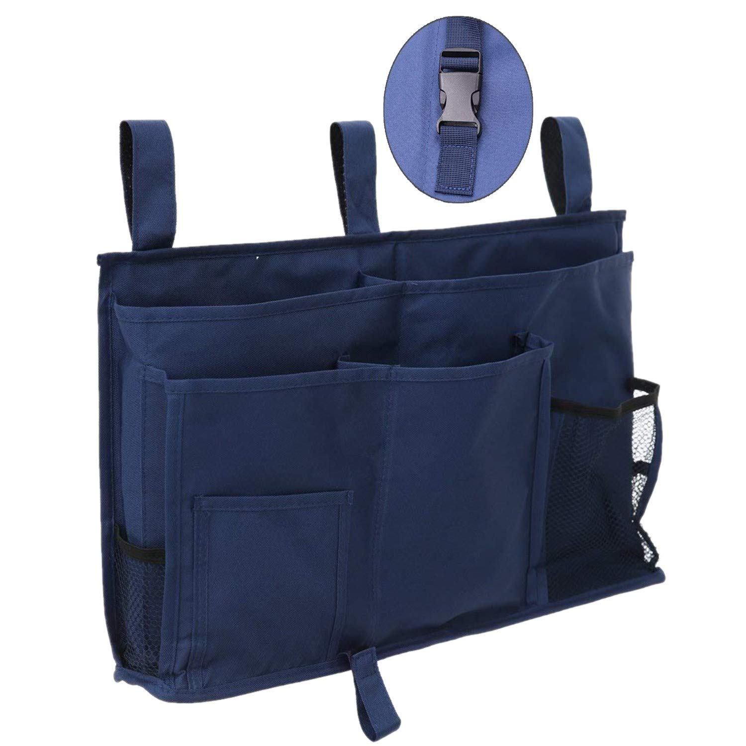 Upgraded Bedside Caddy with 3 POM Buckles - Hanging Organizer for Phone, Magazine, Remote & Accessories - Perfect for Dorm, Bunk Bed, Hospital, Bed Rail, Headboard - Great for Small Spaces, Apartments, Bathrooms & Travel Use