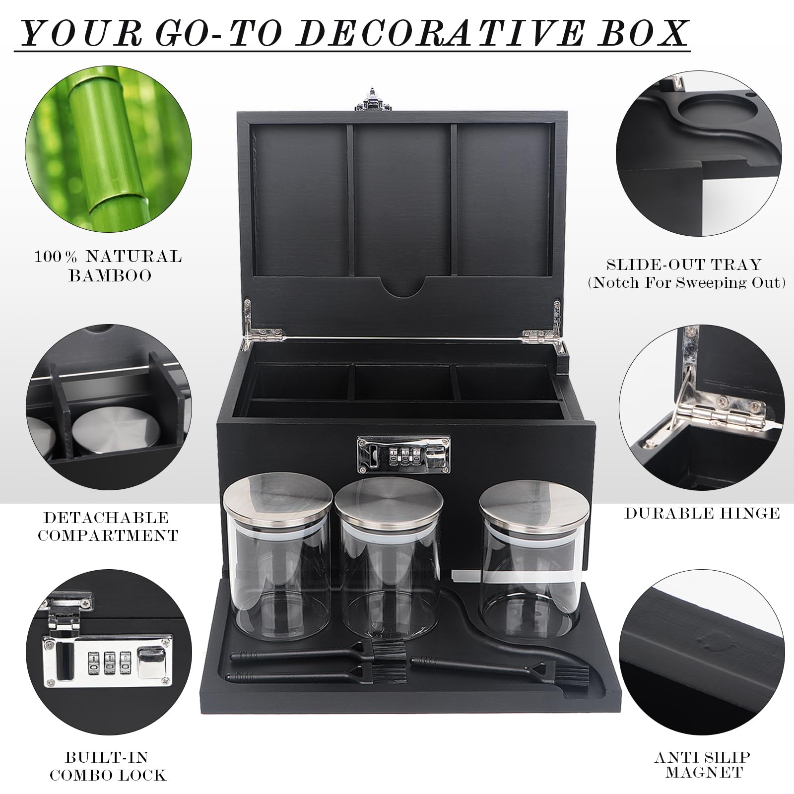 Lotmusic Large Bamboo Storage Box with Removable Slide-Out Tray & 3-Pack Glass Jars Cleaning Brushes - Decorative Home Organization Box with Combination Lock for Jewelry, Cosmetics & Gift Storage | Perfect for Bedroom, Bathroom & Living Room Decor