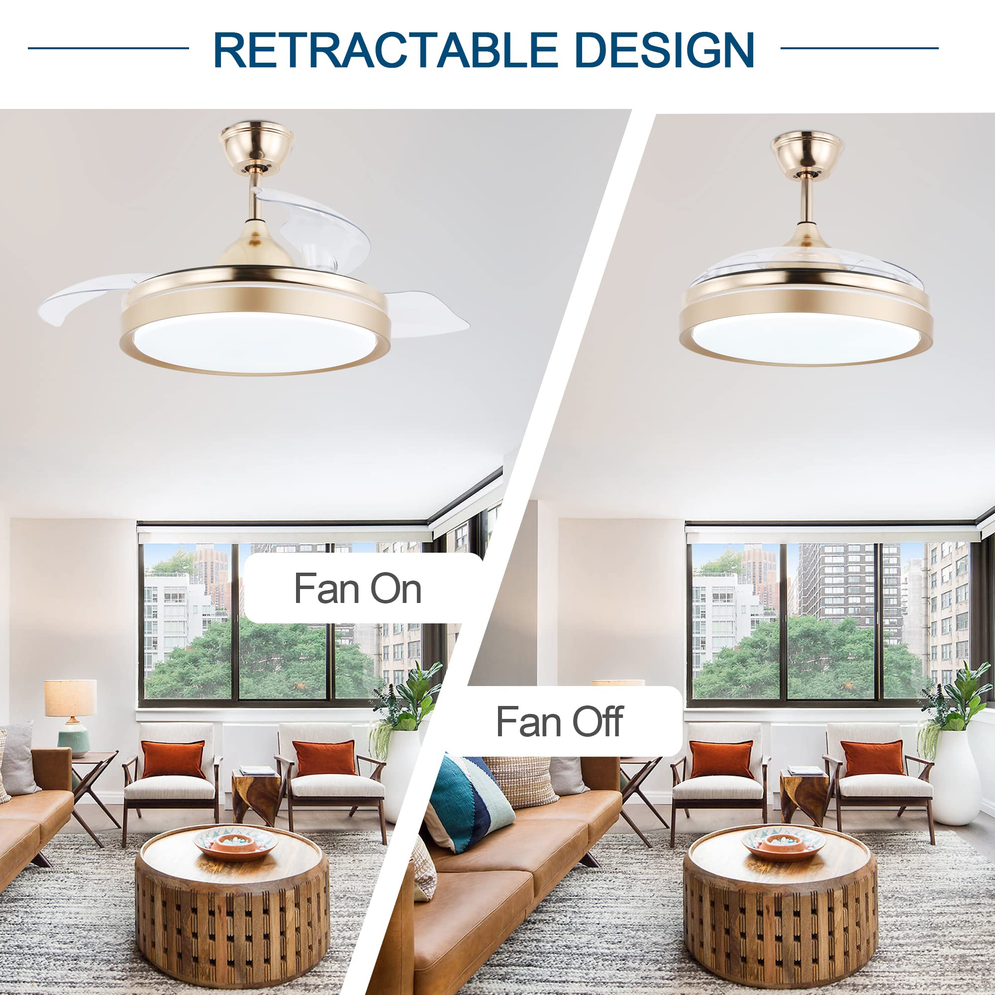 42 Inch Retractable Ceiling Fan with Lights and Remote Control - 3 Speed Settings, 3 Color Changing LED Lights, 4 Timer Modes, Ultra Quiet Motor, Gold Finish - Perfect for Living Room, Bedroom, and Office Spaces