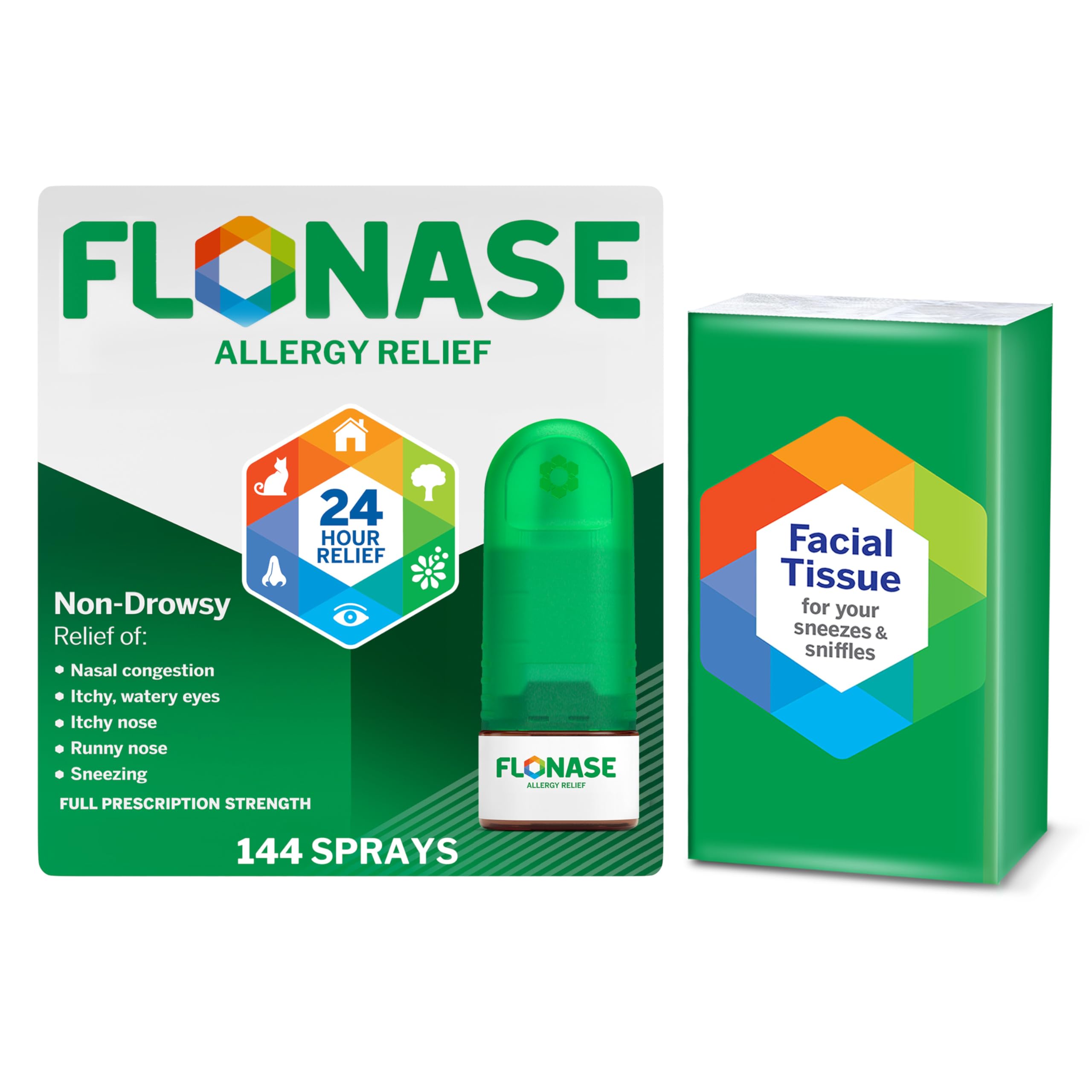 Flonase 24-Hour Allergy Relief Nasal Spray - Non-Drowsy Multi-Symptom Relief for Sneezing, Runny Nose & Itchy Eyes - 144 Sprays with Bonus Tissues Pack - Perfect for Seasonal Allergies at Home, Work or Travel