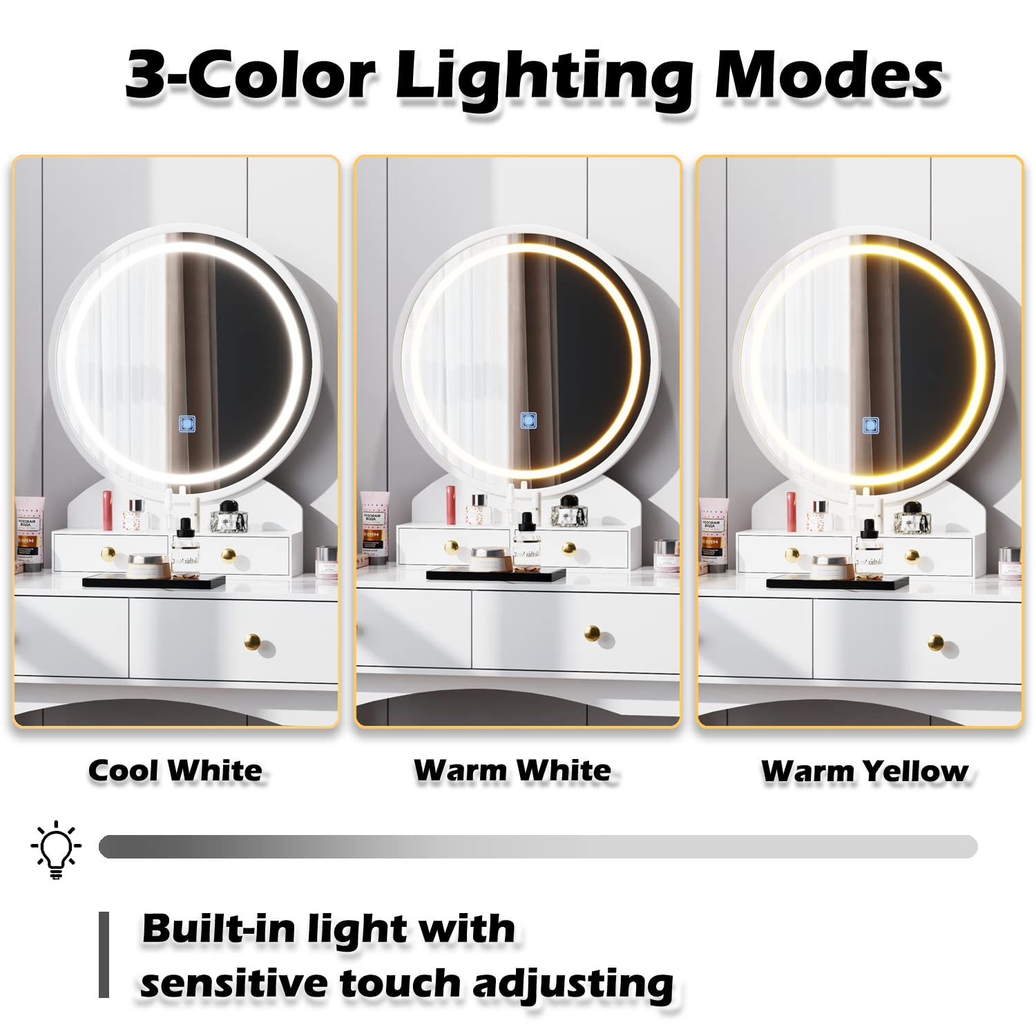Furmax Modern Vanity Desk with LED Lighted Mirror, Makeup Vanity Table Set with Soft Cushioned Stool, 4 Storage Drawers & Adjustable Brightness - White | Perfect for Bedroom, Dressing Room & Beauty Salon
