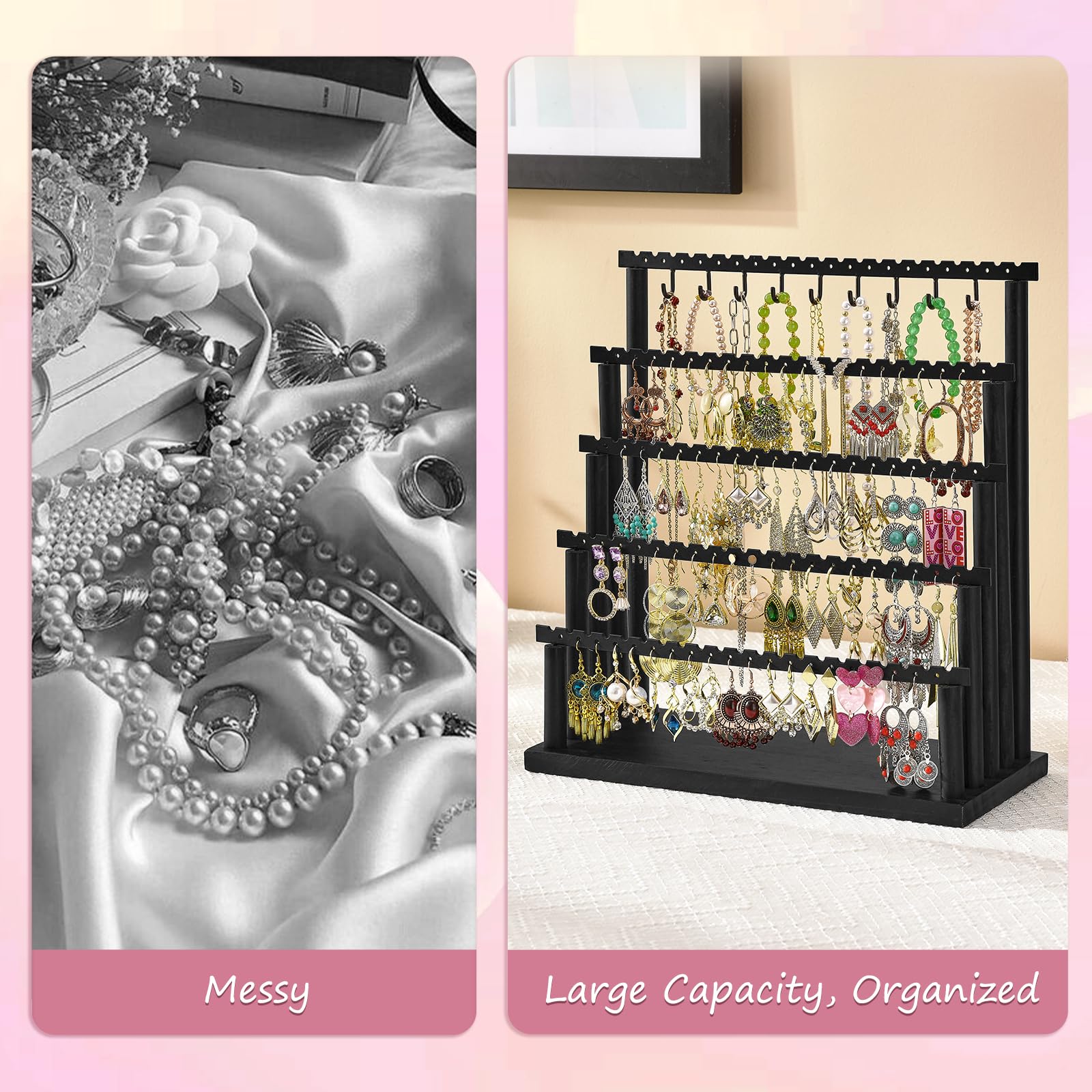 5-Tier Jewelry Organizer Stand - Earring Holder & Necklace Bracelet Display for Women | Perfect for Bedroom, Bathroom & Travel | Stylish Black Gift for Girls & Women